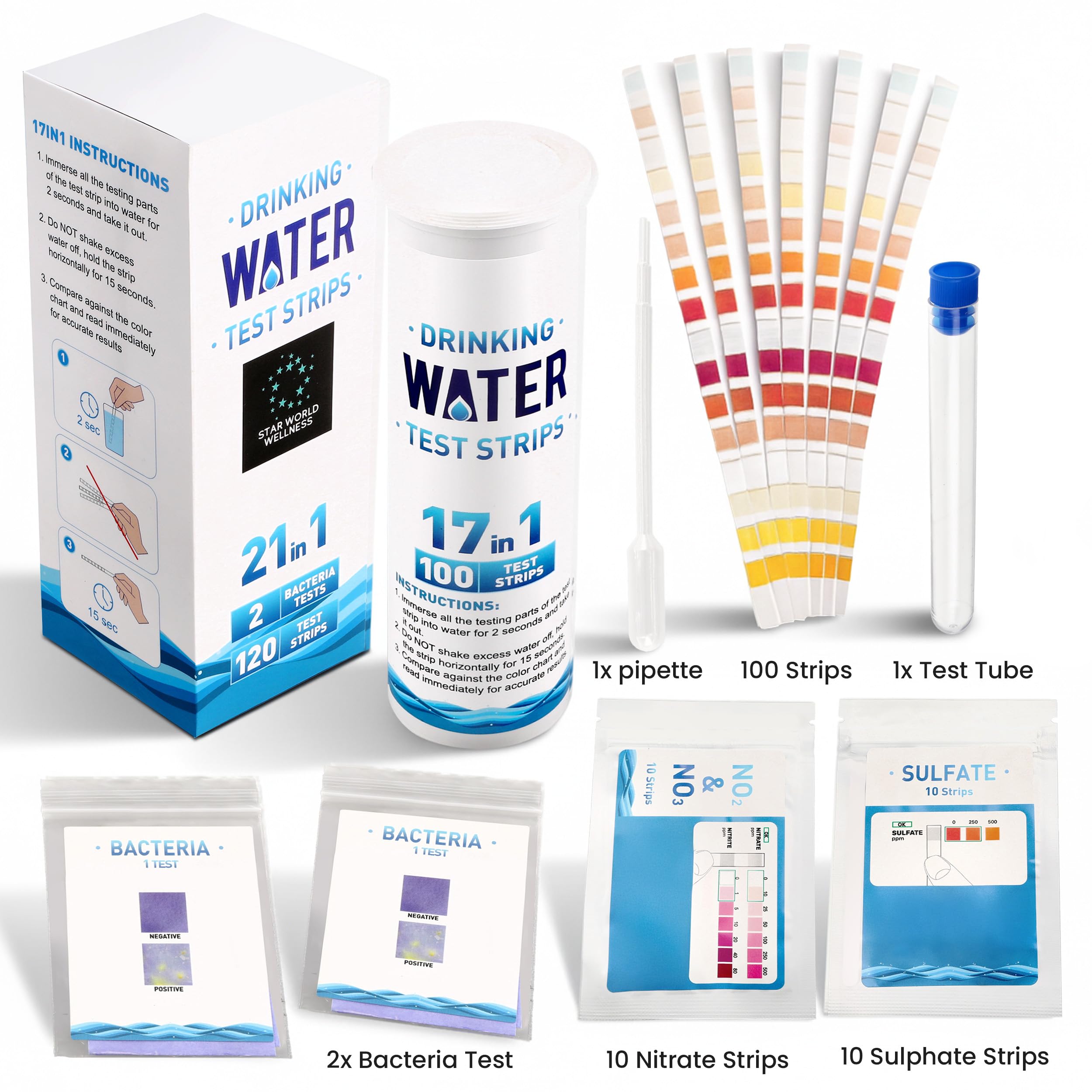 21 in 1, kit di test dell'acqua potabile, 120 strisce reattive + 2 test batteri. Test di qualità dell'acqua del rubinetto e del pozzo per piombo, pH, durezza, cloro, nitrato