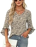 Qirno Chiffon Blouses for Women Ruffle 3/4 Sleeve Dressy V Neck Casual Flowy Tunic Tops