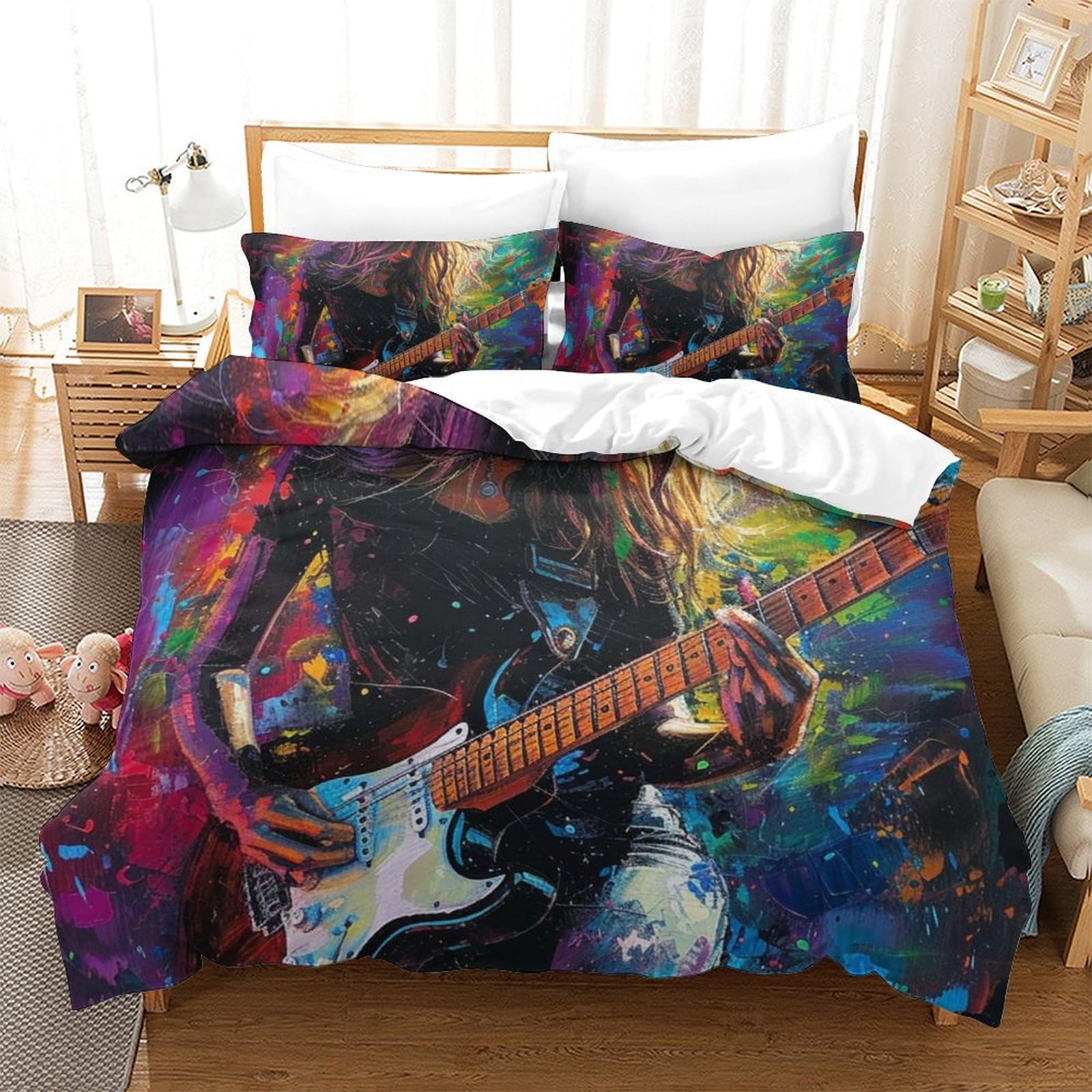 Parure de lit 3D motif guitare housse de couette super king 260x220 linge de lit ado adulte