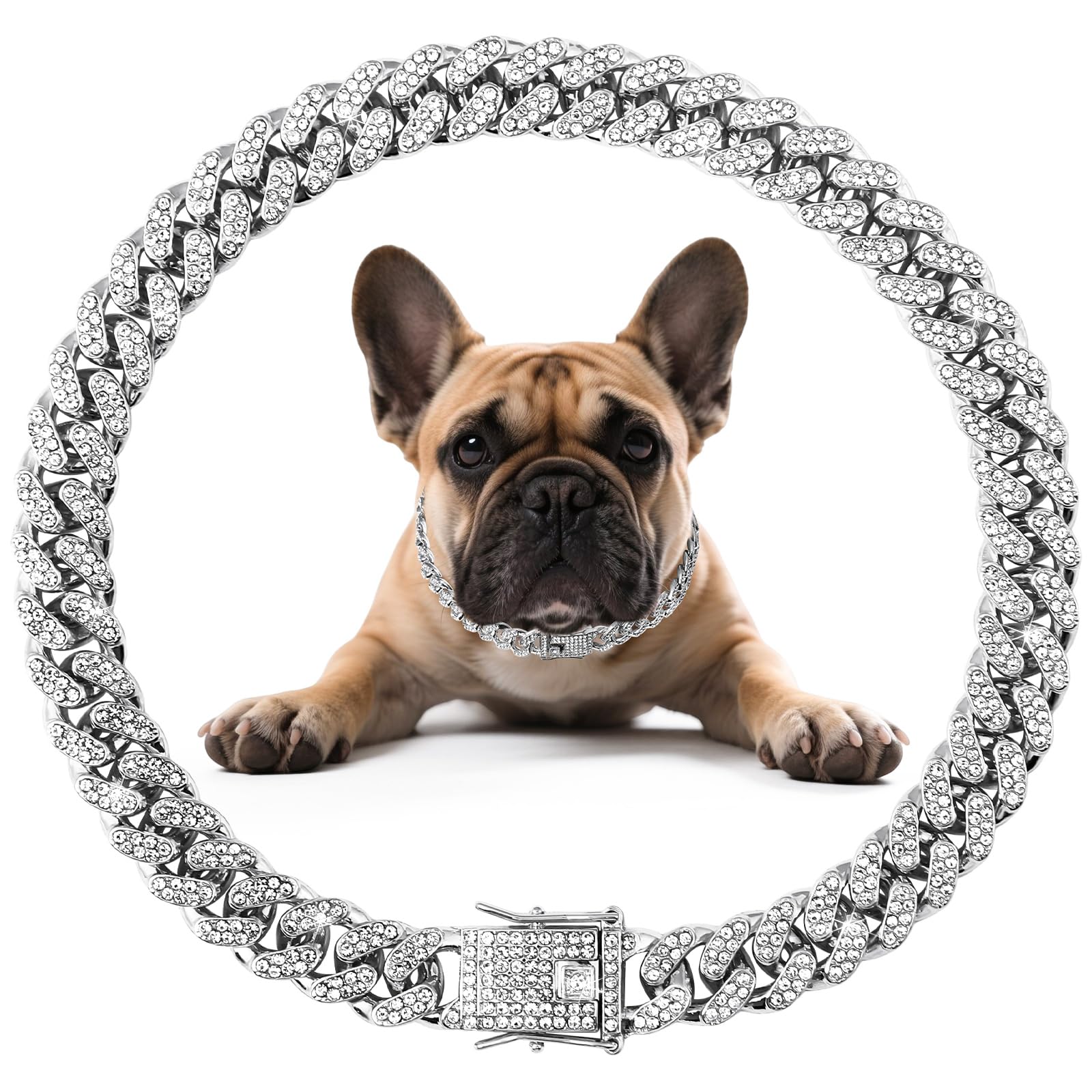 Cuban Link Silver Dog Chain Collar Design Secure Buckle Crystal Necklace Metal Jewelry Accessories for S M Small Medium Large Pet Male Dogs (16inch)