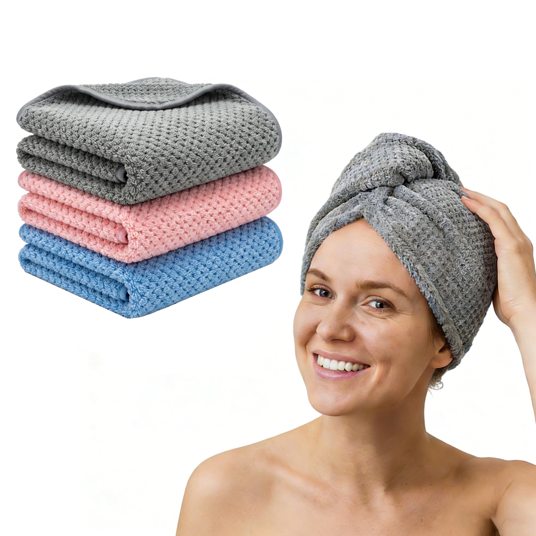 FIONSUN 3 Pack Hair Towel Wrap for Women - Super Absorbent Microfiber Hair Towels for Quick Drying - Anti-Frizz Microfiber Towel Serviette Cheveux for Curly & Long Hair (Grey, Pink, Blue)