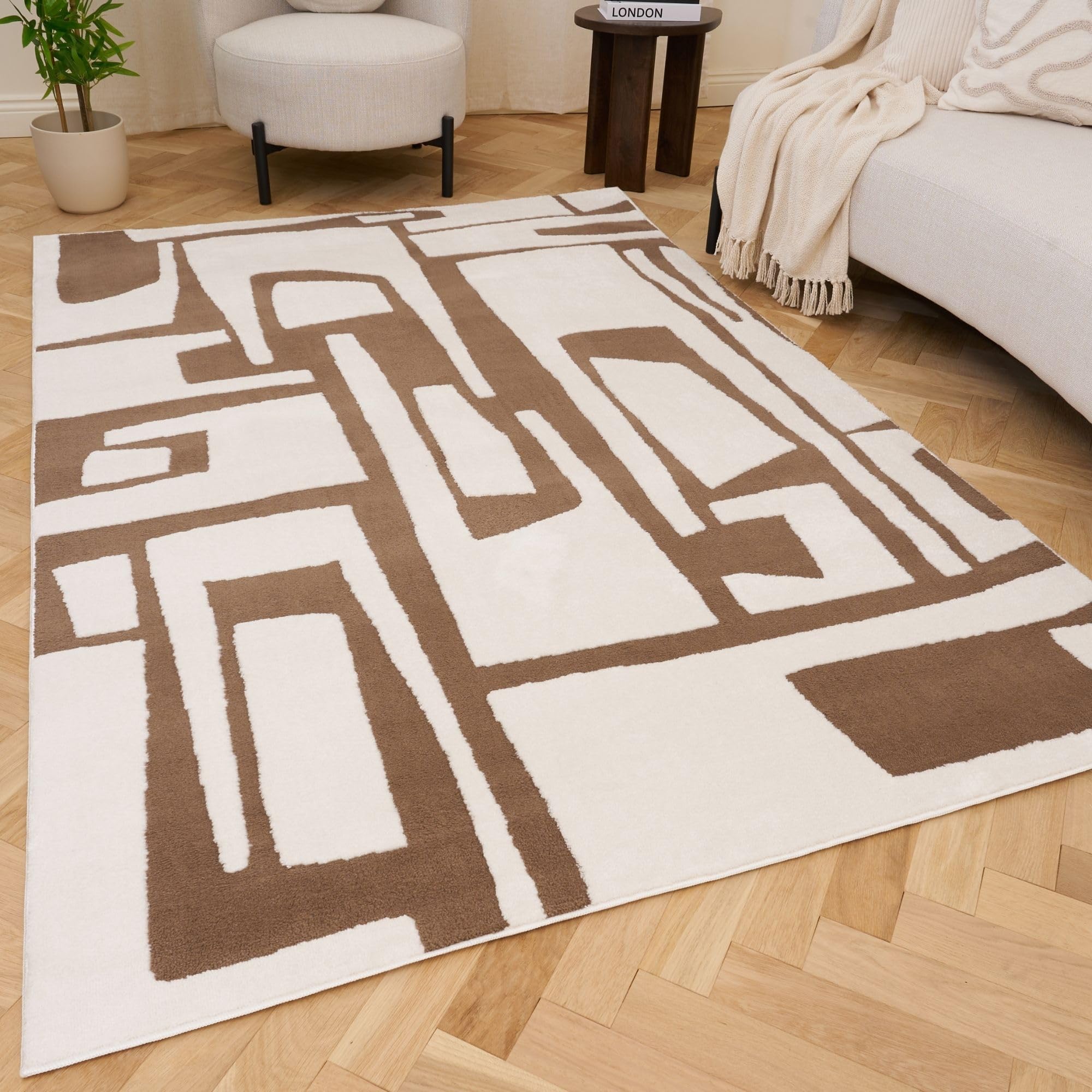 The Rugs Unisex Kids Taupe Loft Abstract Living Room Area Rug & Runners Soft Pile In | Size: 120Cm X 170Cm