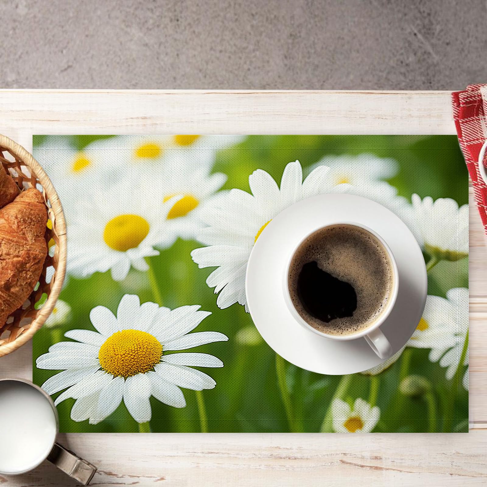 30×45cm Tovaglietta Americana Fiori eleganti in Cotone Lino Rettangolare - Tovagliette Set di 8 Campo di margherite bianche Resistente al Calore per La Cucina, Il L'Ufficio