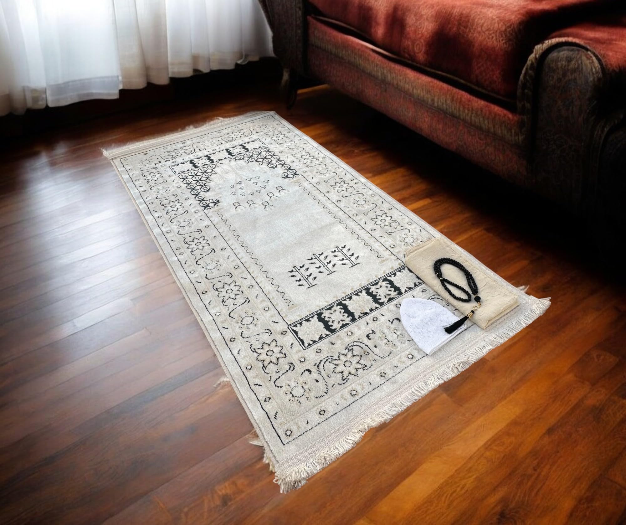 Tapis de prière musulmane Janamaz et cadeau islamique complet avec bonnet Kufi et écharpe