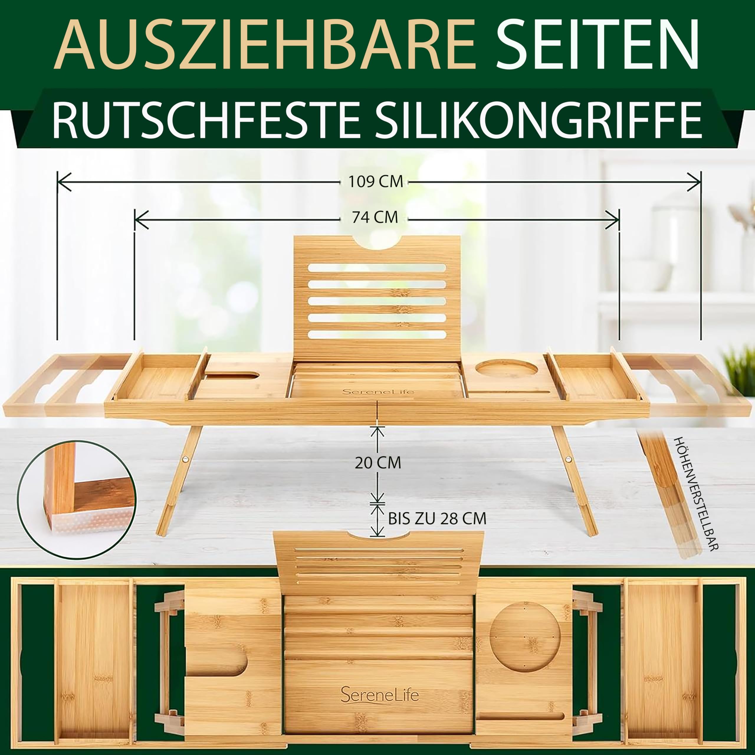 SereneLife Badewannenablage aus Bambus 2-in-1 als Bett Tablett – Ausziehbares Badewannenbrett 75–108 cm, höhenverstellbar, klappbar mit stabiler Buch- und Tabletstütze
