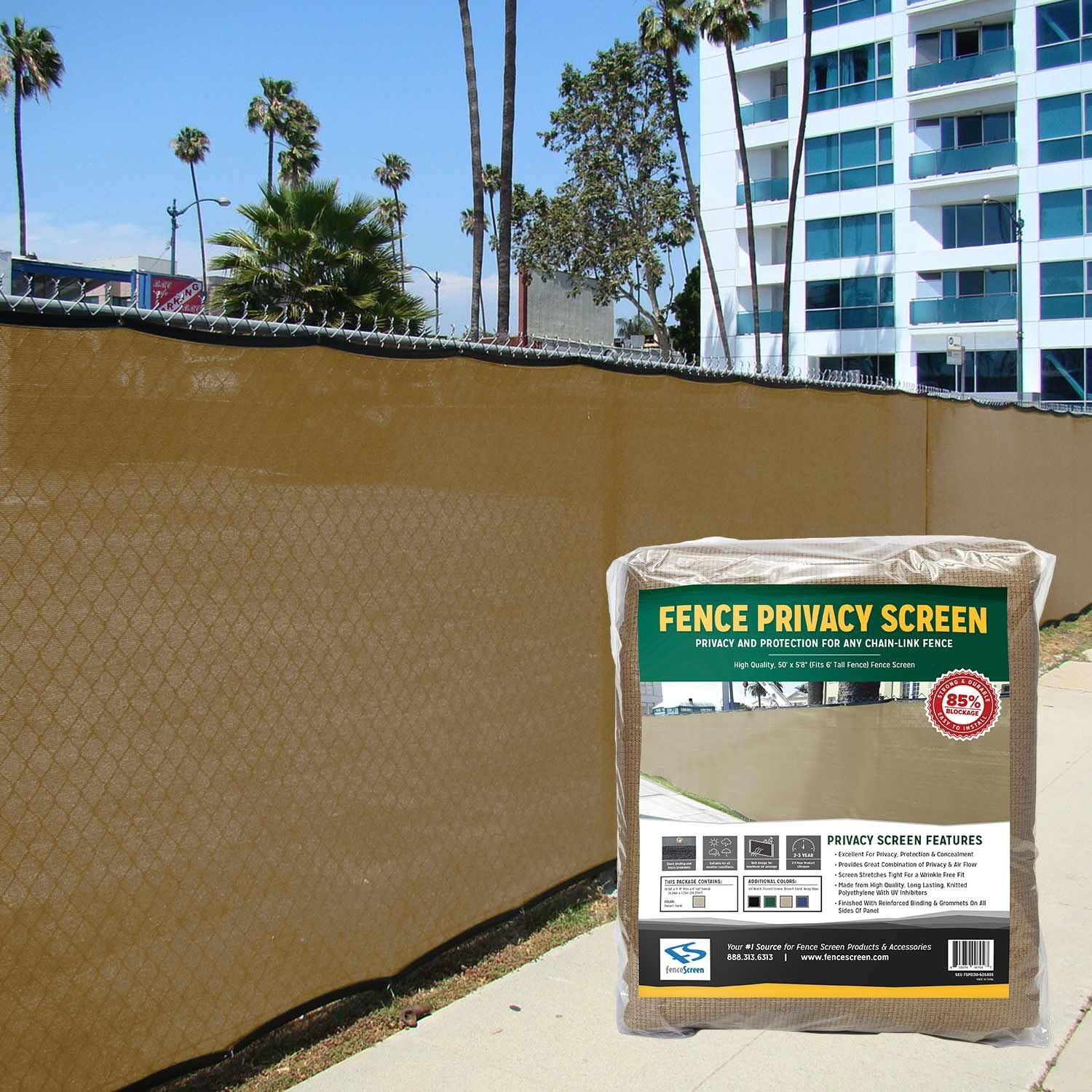 FenceScreen 6ft x 50ft Fence Windscreen - Tan Beige 85% Blockage Privacy Screen Mesh Fence Cover - 3 Year Warranty 155 GSM