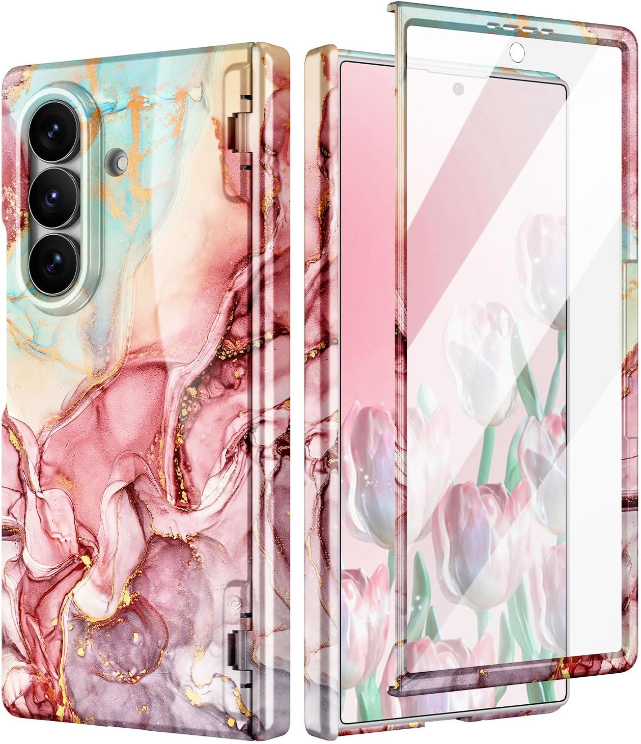 Btscase for Samsung Galaxy Z Fold 7 Case,Built in Front Screen Protector,Gold Glitter Marble Pattern Hard PC Slim Shockproof Full Body Drop Protective Case for Galaxy Z Fold 7 5G, Rose Gold