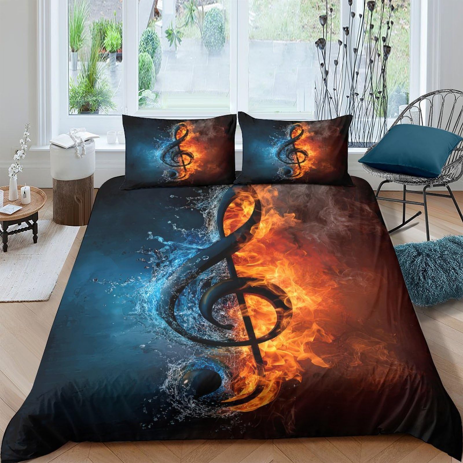 TUFRTGYHN 3D Printed Fire Ice Music Duvet Cover Microfiber Soft Breathable Note Bedding Set with 2 Pillowcases for Bedroom Single（135x200cm）