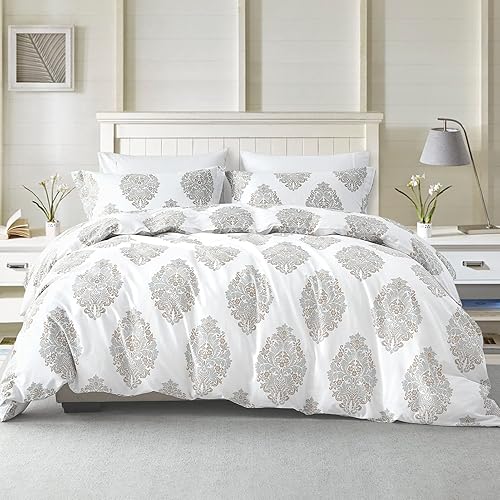 Miniatura 18 de CozyDH Juego de funda de edredón bohemio a rayas grises tamaño Queen, 3 piezas, 100% algodón, ultra suave, transpirable, funda de edredón azteca con