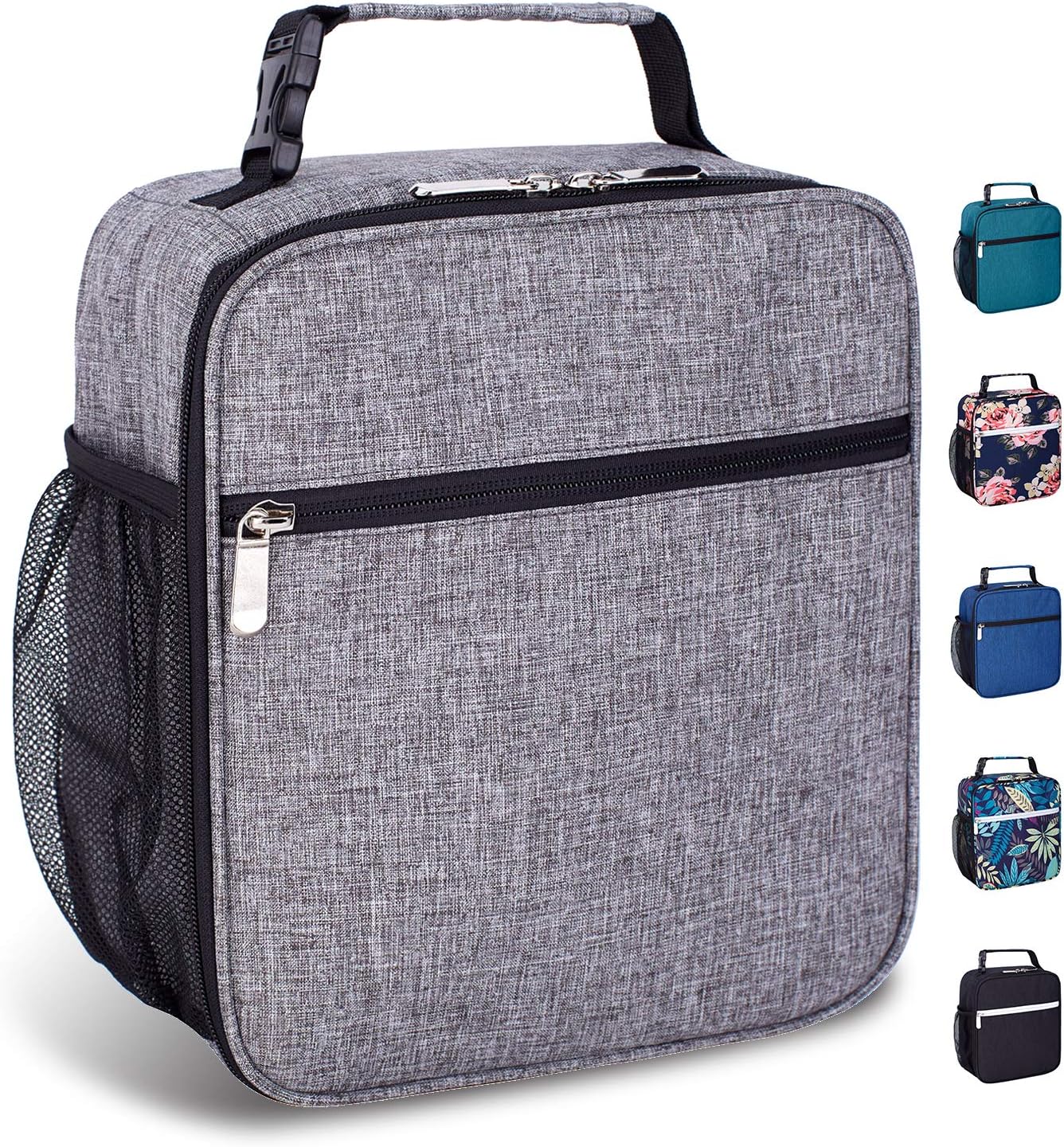 Insulated Reusable Lunch Bag for Women Men Kids-Leakproof Durable Cooler Lunch Box with Multi-Pockets & Detachable Buckle Handle Fits Office Work School Picnic-Gray