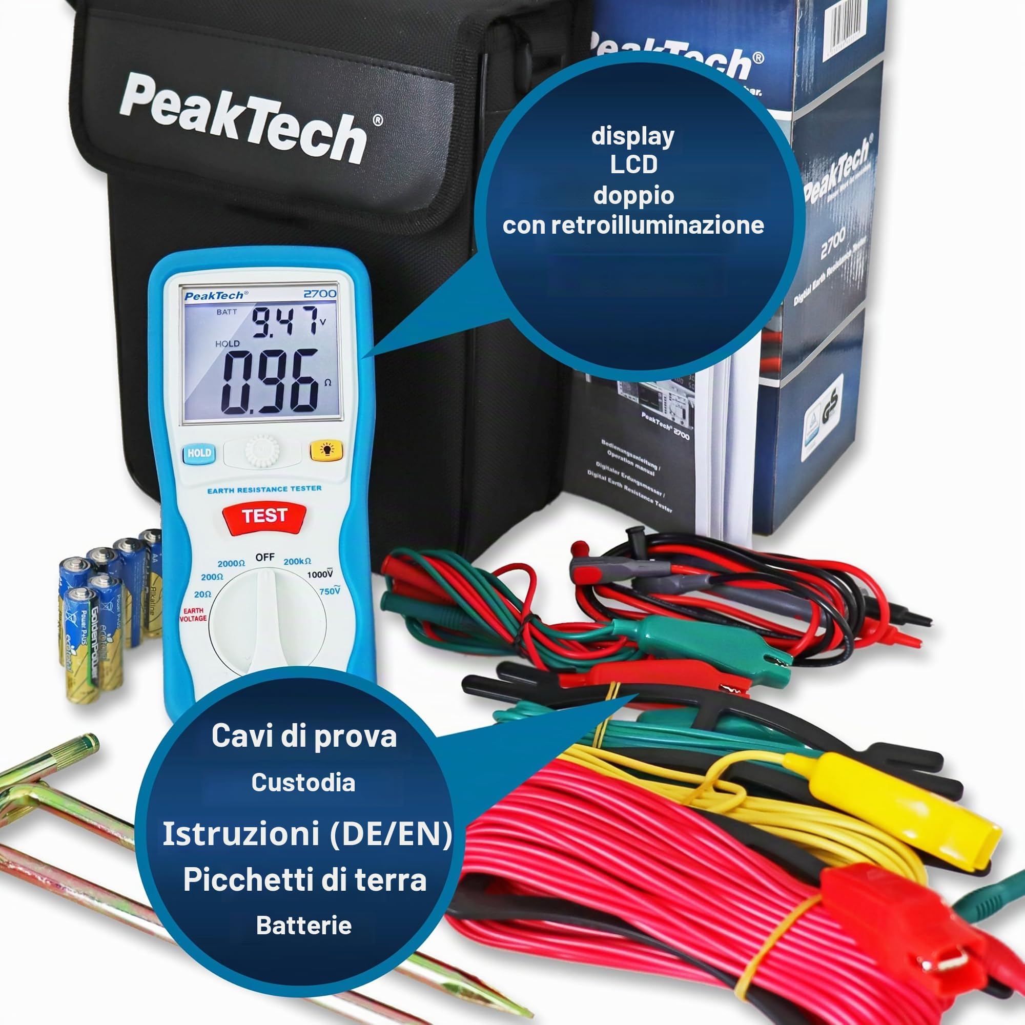 Peaktech P 2700 – Misuratore di Resistenza di Terra Digitale, Display LCD a Doppia Illuminazione e 2 Aste di Terra, Resistenza di Terra, Ac/Dc, Tüv/Gs, Blocco Dati, Arresto Automatico - Cat Iii 1000 V