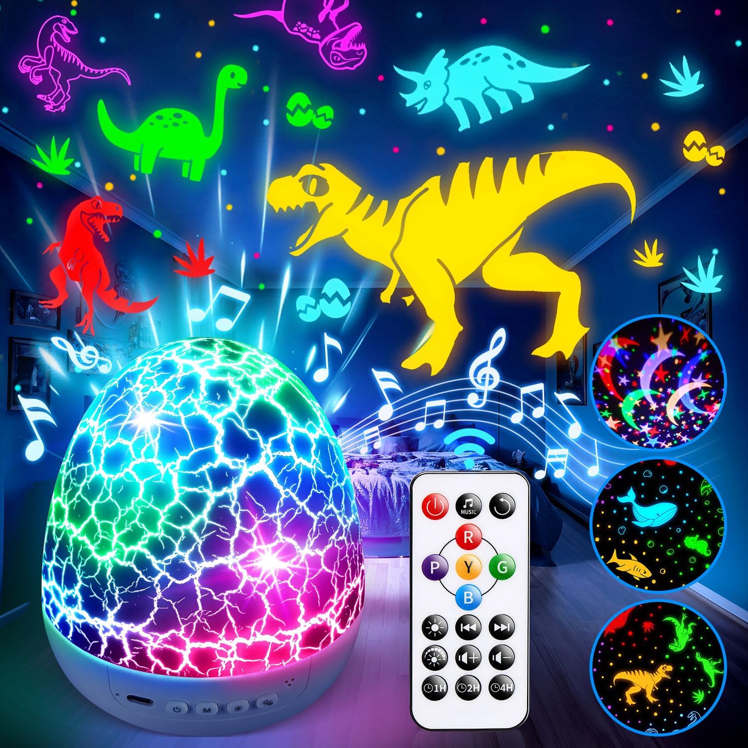COOLNIGHT Dinosaur Toys for Boys | 15 Sounds & 3D Films & 31Colors & Remote Control | Easter Gifts for Kids Toys Night Light Projector Dinosaur Eggs Easter Eggs Toys for 2 Year Old Boy Room Decor