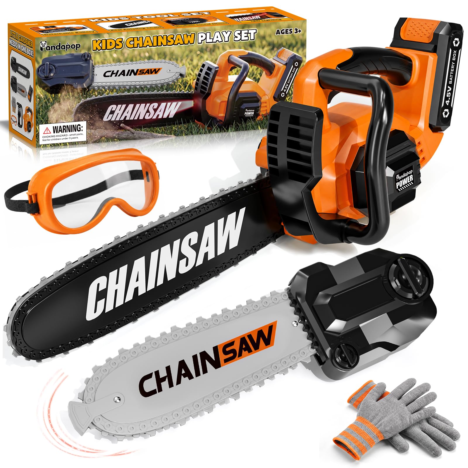 Pandapop Kids Tool Set, 2-in-1 Toy Chainsaw with Sounds and Lights, Kids Garden Toys, Outdoor Toys with Gloves and Glasses, Toys for 3 4 5 Year Old Boys Girls Gifts