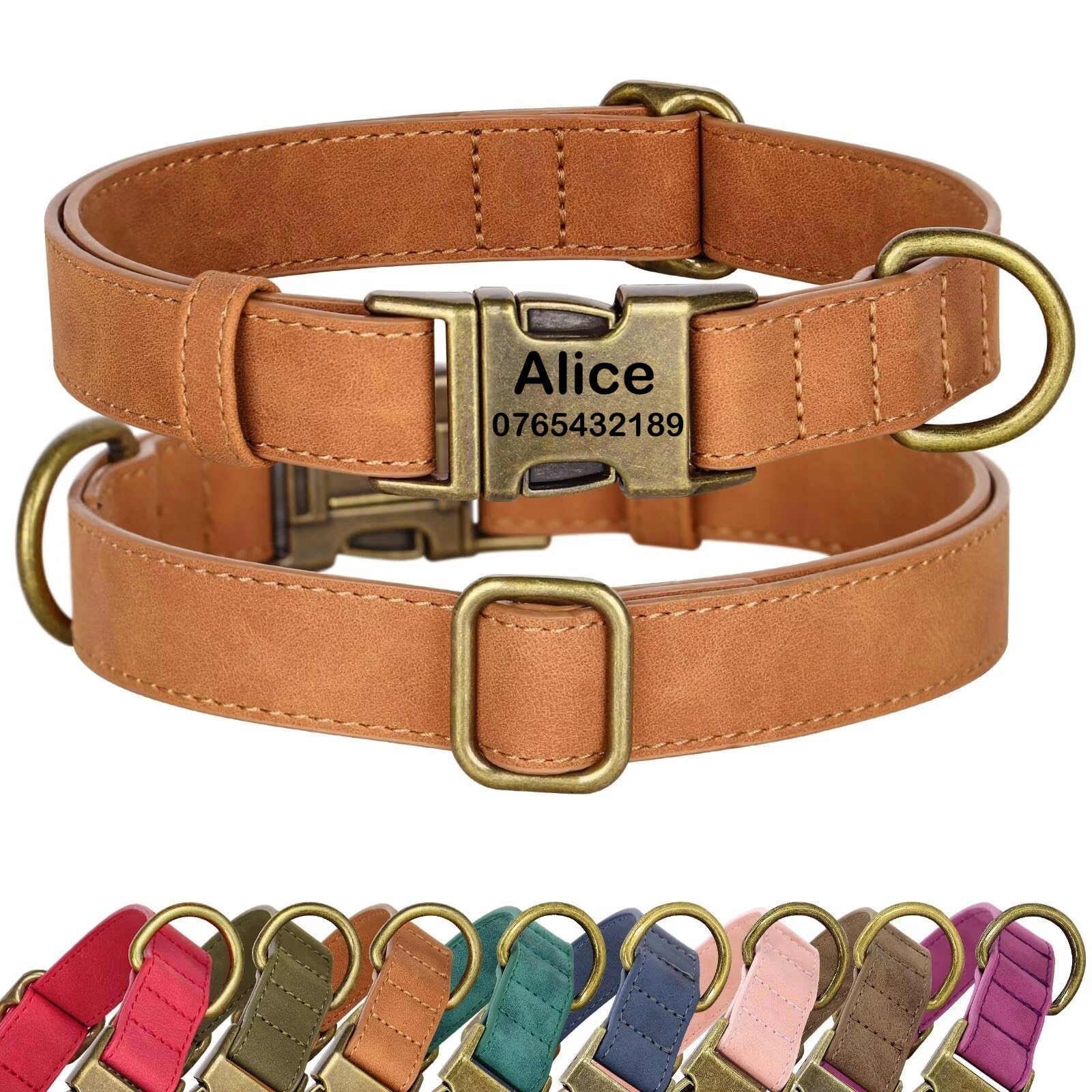 SEOUGEE Personalised Dog Collar with Engraved ID Name and Number, Custom Soft PU Leather Dog Collars, Adjustable & Durable Pet Collars with Quick Release Metal Buckle for Puppies (XS, V-Camel 20-30cm) — image 1