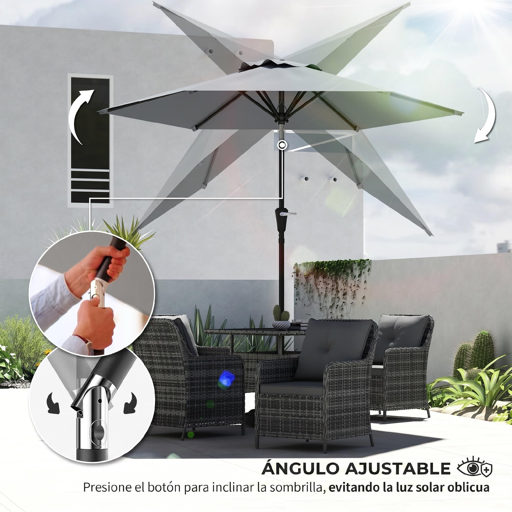 Outsunny Sombrilla Terraza Exterior Ø230 cm Sombrilla de Jardín con Ángulo Ajustable y Manivela Impermeable Parasol para Patio Terraza