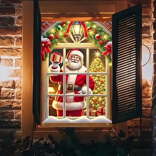 BlissYard Christmas Window Cover 31x47 Inch Santa Claus Gift Box