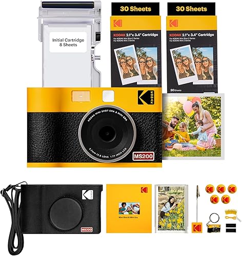 KODAK Mini Shot 2 ERA 4PASS - Cámara instantánea 2 en 1 e impresora fotográfica (amarillo, cámara + 8 hojas iniciales + 60 hojas + accesorios)