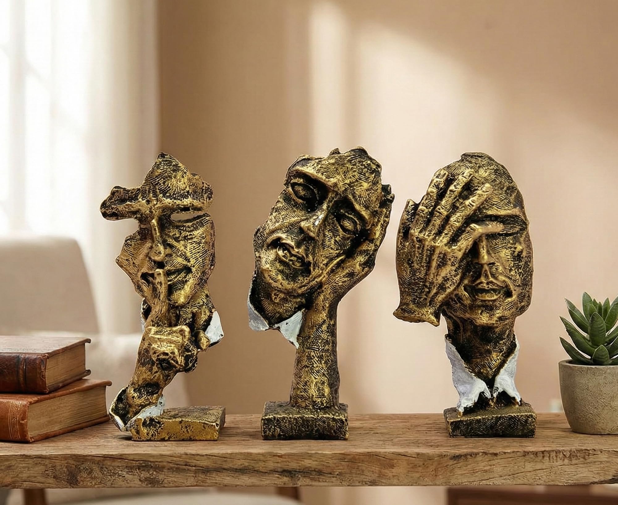ESPLANADE Human Faces - Zen Sculpture Showpiece - Set of 3 | See No Evil, Hear No Evil, Speak No Evil | Face Expressions Statement Pieces | Home Decor | Resin - Brown - 6.5" Inches
