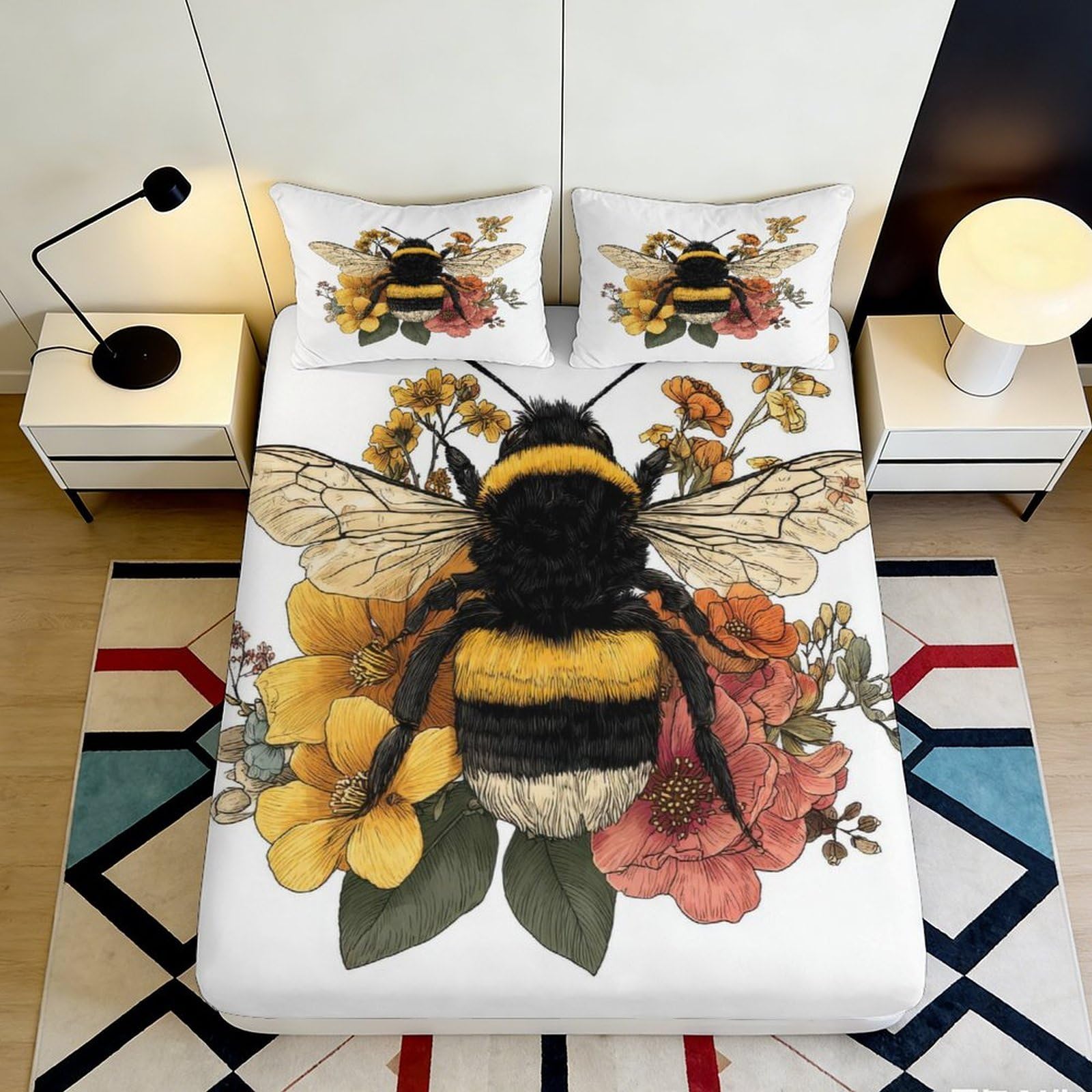 Pnayamiorkfel Style-4 3D Printed Bumblebee Floral Fitted Sheet Microfiber Soft Breathable Bed Cover For Bedroom Dorm Mattress Protection Decor 90X200x25cm