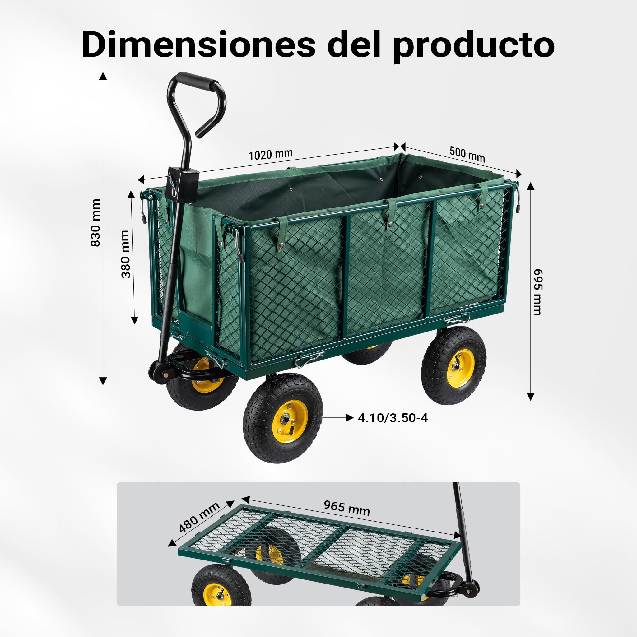 Carrito de Transporte XXL hasta 550kg con Lona extraíble, Rejilla de almacenaje y Ruedas Anchas