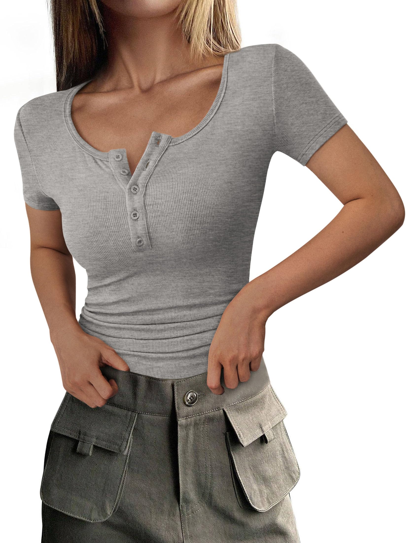 PRETTYGARDEN Women's 2026 Fall Summer Short Sleeve Tops Ribbed Henley Button Slim Fit Basic Casual T Shirts Blouse Clothing