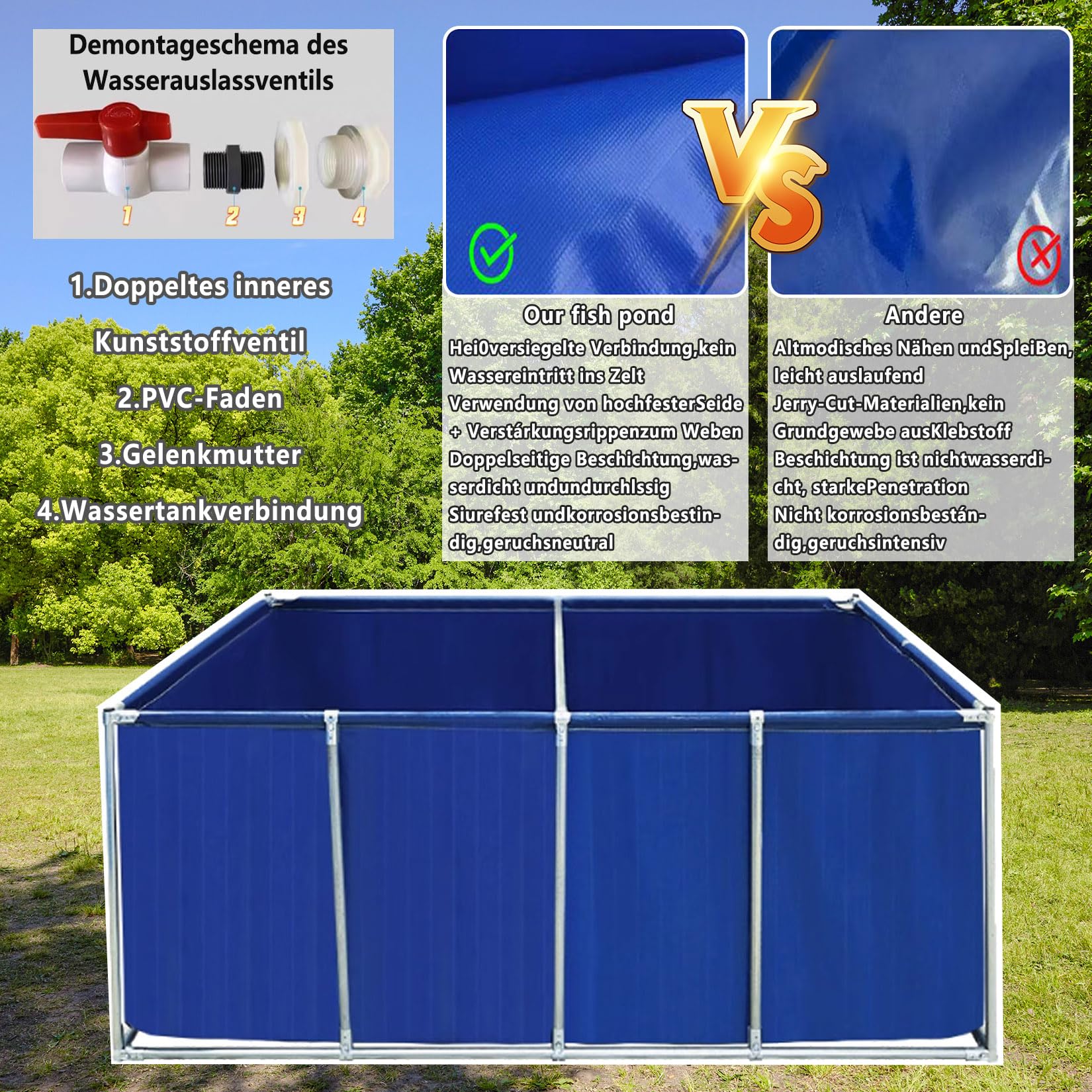 Außenlagertank Segeltuch Fischteich Oberirdischer Teich Gartenbewässerungsreservoir kubischer Fischteich mit Ständer Ablassventil Blue 2×1.5×0.9m