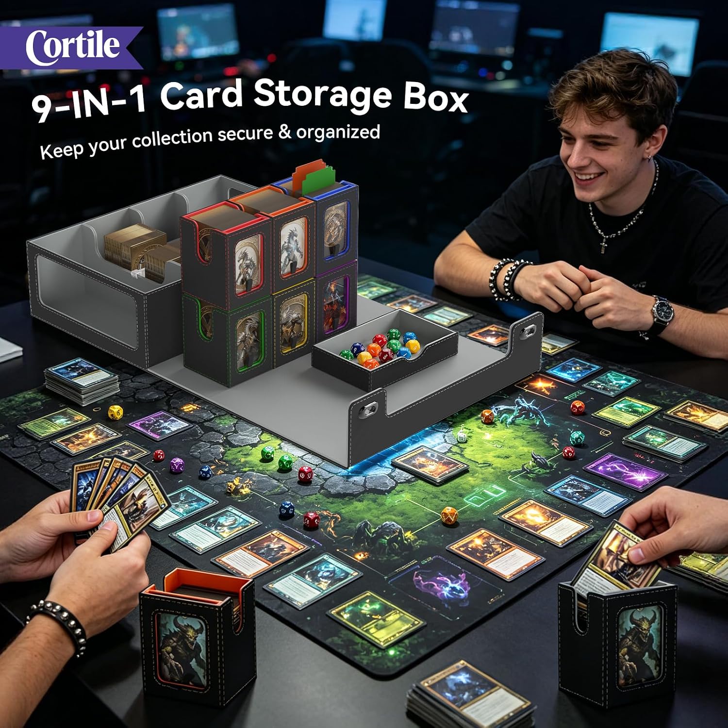 Cortile Commander Deck Box for MTG, Modular 9-in-1 Card Storage Box with 6-Deck Card Case, 2-Row Deck Case and Dice Tray Fits 1400+ Double-sleeved Cards with Alloy Lock for TCG/EDH, Multicolour