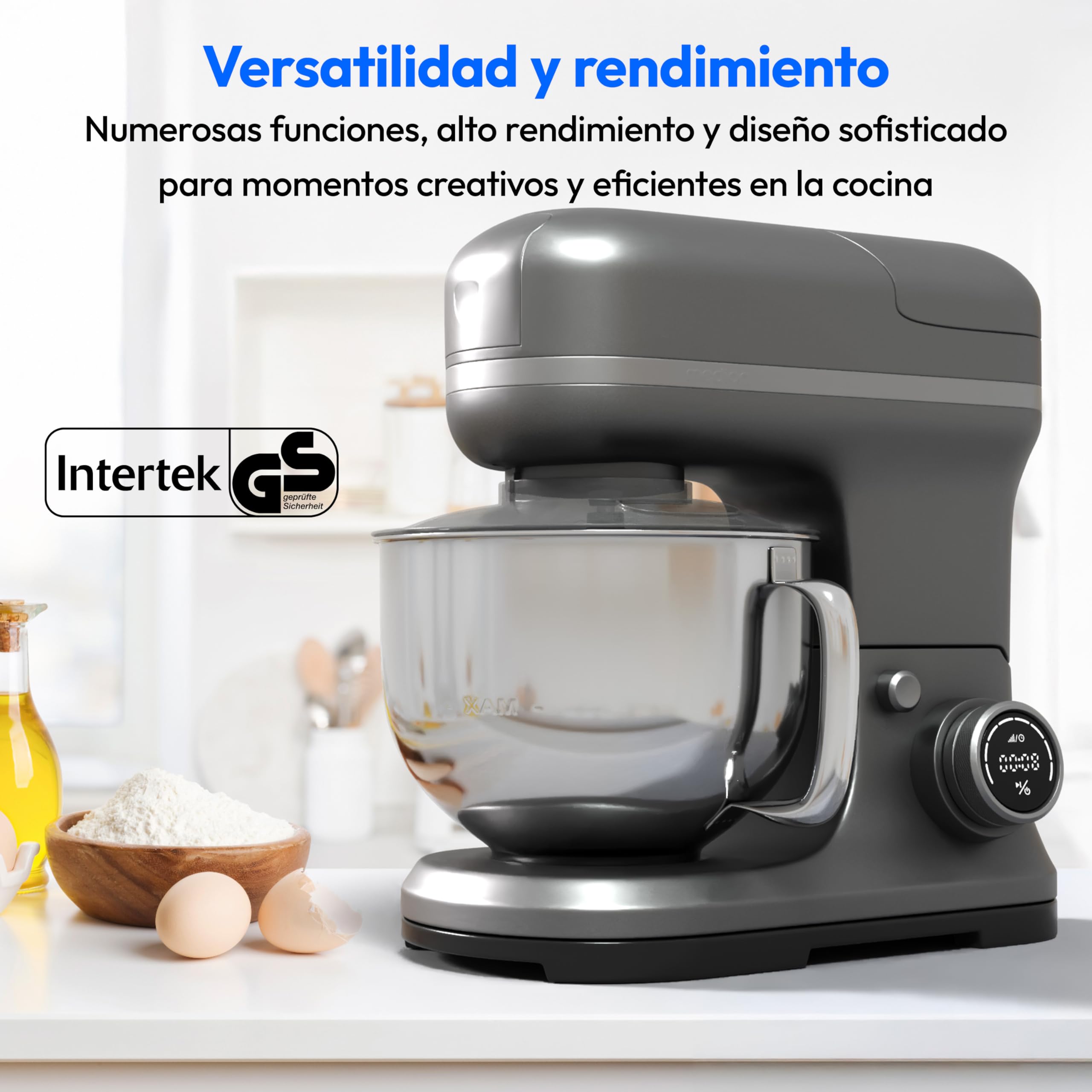 Procesador de alimentos universal MEDION 3 en 1 (digital, 1.200 vatios, 8 niveles, mezclar amasar batir mezclar picadora, bol para preparar helados, pantalla táctil digital, MD18430) Titanio
