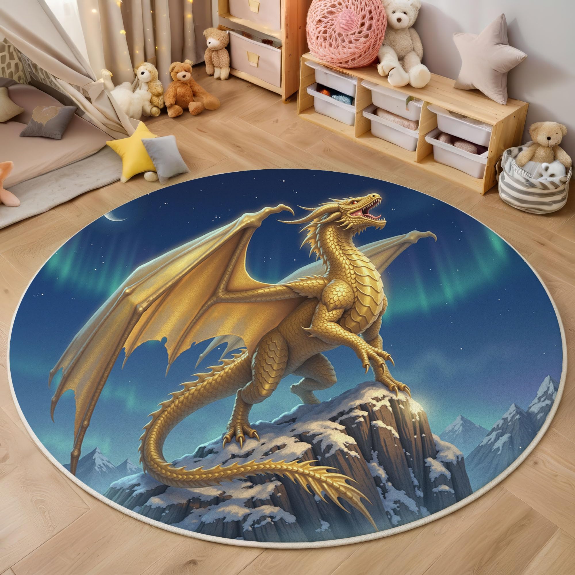 Tapis mythologie dragon d'or lavable, l'élégance d'un poil bas haut de gamme