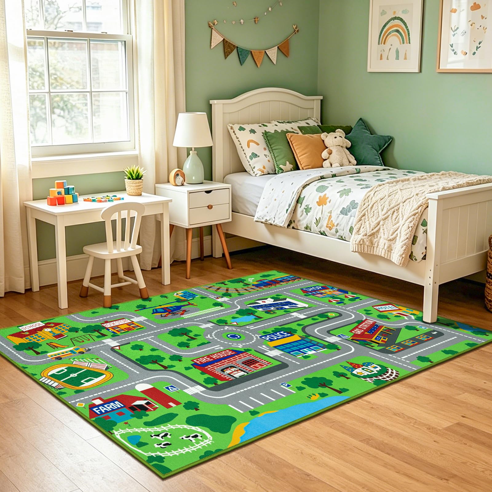 Capslpad Alfombra infantil de juego para niños de ciudad, 160 x 100 cm, antideslizante, lavable a máquina, pelo corto, alfombra de juegos educativa, para habitación de niños, sala de juegos,