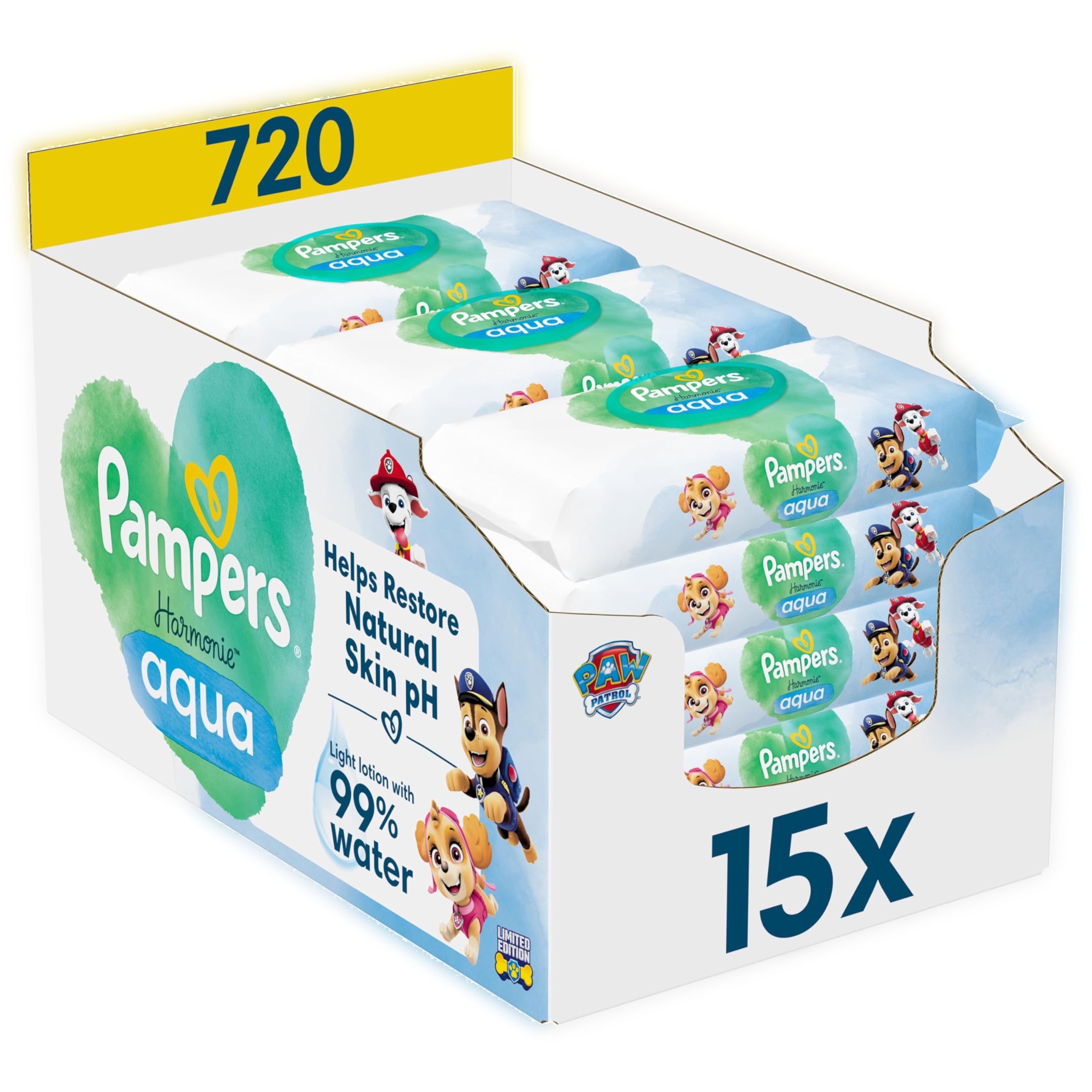 Pampers Harmonie Aqua Baby-Feuchttücher Paw Patrol, 15 Packungen mit 48 Feuchttüchern, 720 Baby-Feuchttücher helfen, den natürlichen pH-Wert der Haut wiederherzustellen, leichte Lotion mit 99% Wasser
