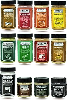 Panchkarma Ayurveda Skin Care Combo Of 12 Pieces Herbal & Natural Sandalwood Rose Orange Lemon Neem Tulsi Pomegranate Multani Mitti Bentonite Kaolin Dead Sea Mud Charcoal Powder (100g x 12 Pieces)