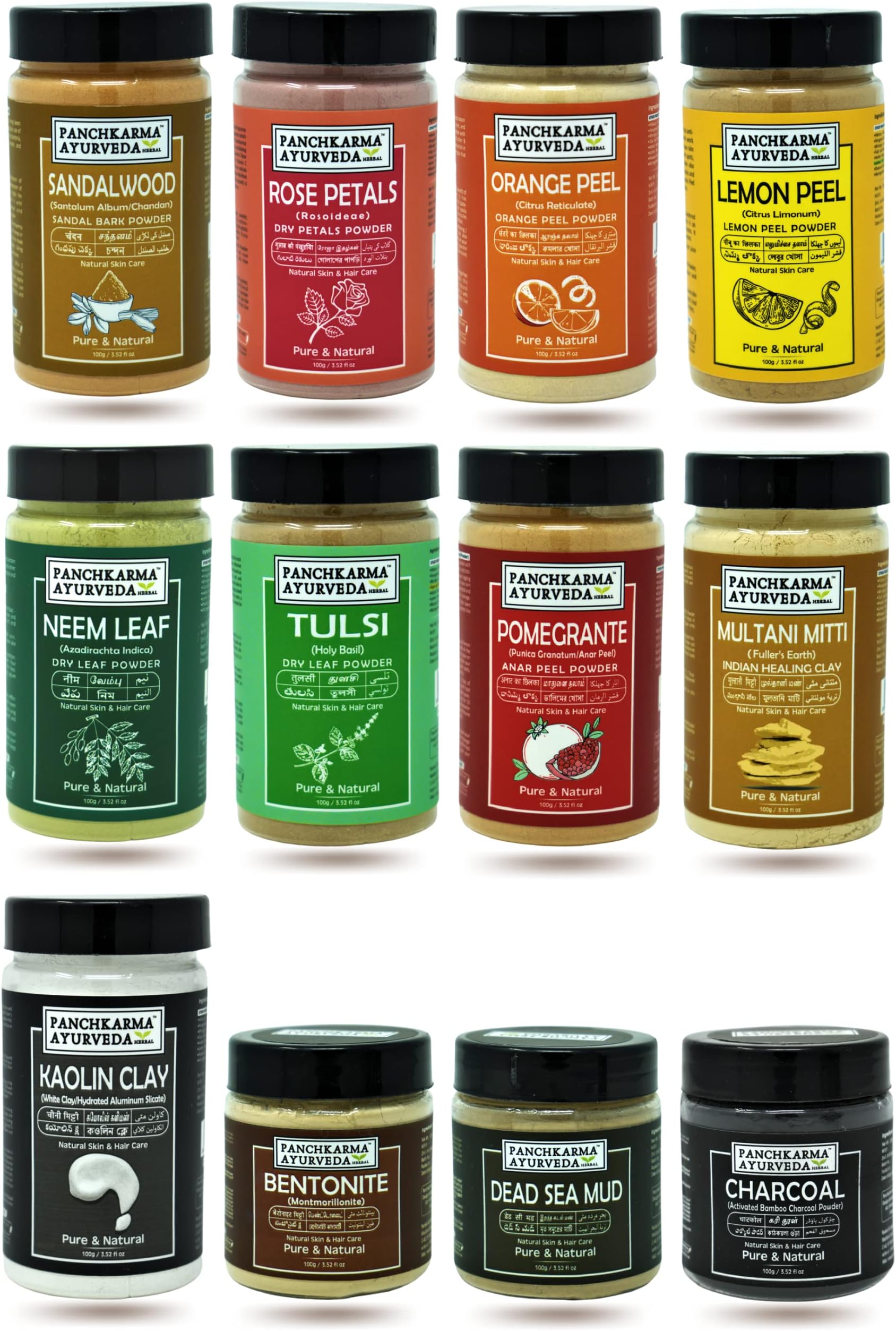 12 Piece Herbal Skin Care Set Natural Delight With Sandalwood,Rose,Orange,Lemon,Neem,Tulsi,Pomegranate,Multani Mitti,Bentonite,Kaolin,Dead Sea Mud,And Charcoal Powders (100G Each)