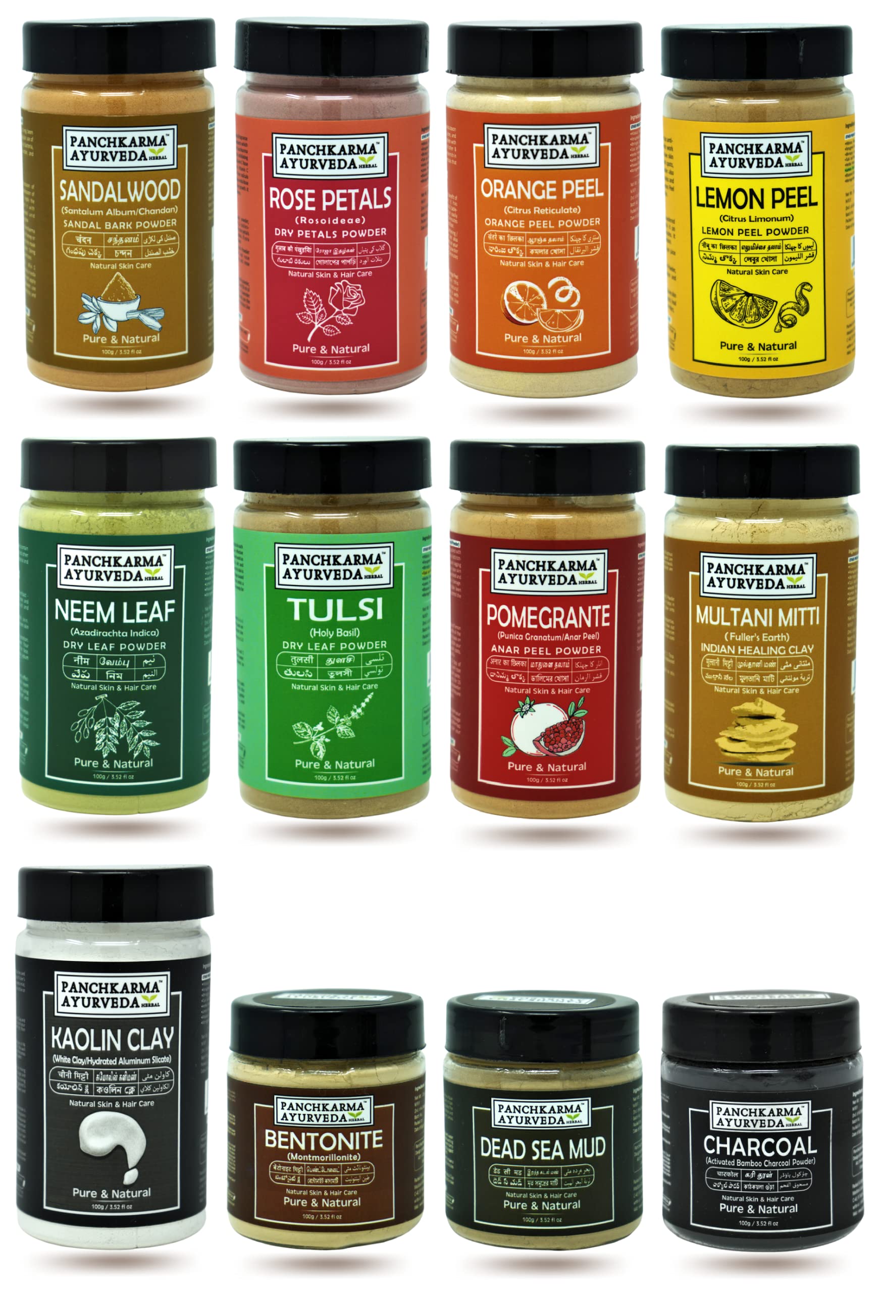 12 Piece Herbal Skin Care Set Natural Delight With Sandalwood,Rose,Orange,Lemon,Neem,Tulsi,Pomegranate,Multani Mitti,Bentonite,Kaolin,Dead Sea Mud,And Charcoal Powders (100G Each)