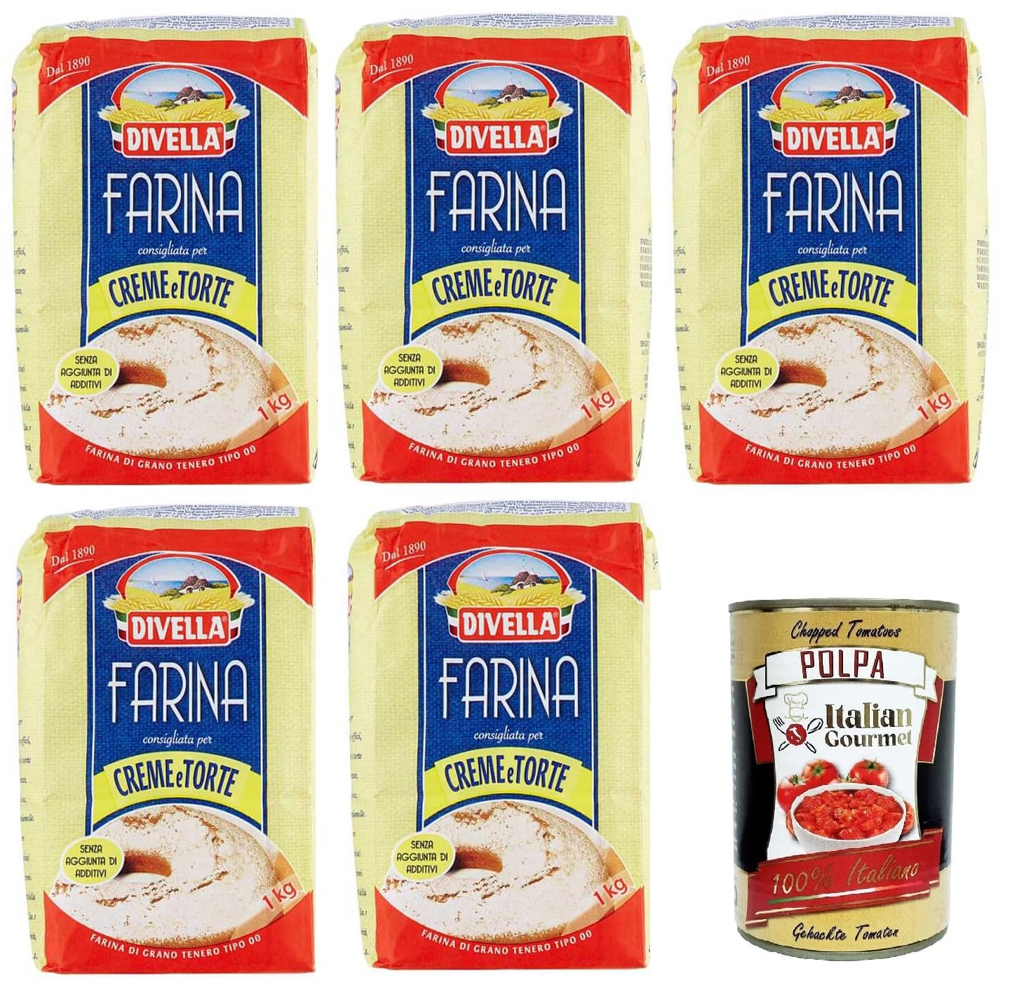 Divella Farina 00 Consigliata per Creme e Pastel Harina 00 Recomendado para Cremas y Pasteles 5 x 1 kg + Polpa Italiana Gourmet 400 gr