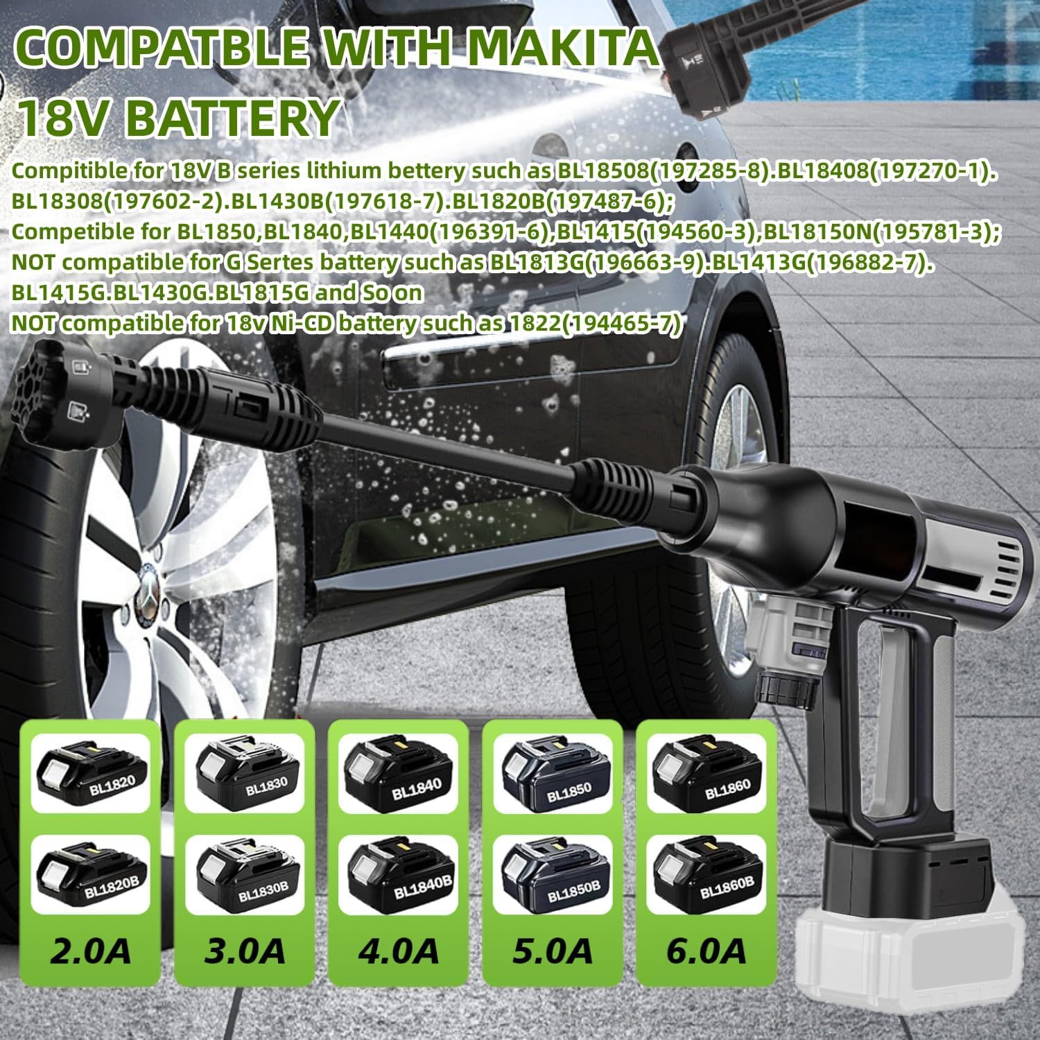 Akumulatorowa myjka wysokociśnieniowa kompatybilna z Makita 18 V | 610 PSI, 380 W, przenośna myjka wysokociśnieniowa z wielofunkcyjną dyszą natryskową 6 w 1, 4 poziomy czyszczenia, wąż 5