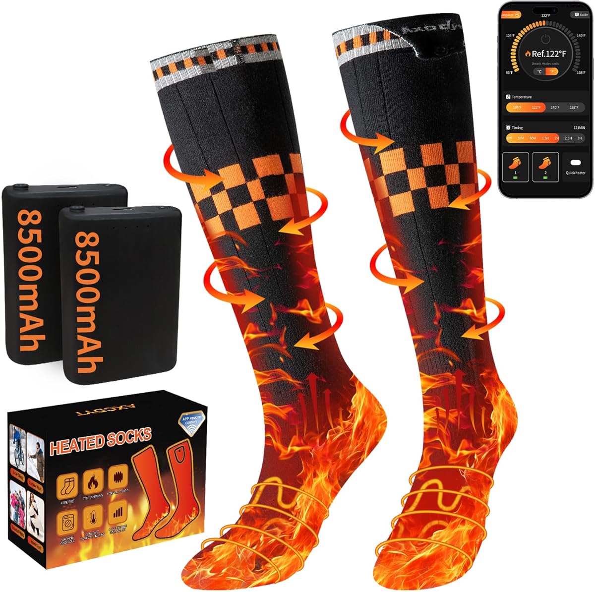 Heated Socks with App Control for Men Women, 8500mAh*2 Battery Rechargeable, Electric Socks with 4 Heating Levels for Winter Warm, Skiing, Hunting, Camping, Hiking, Cycling, Outdoor