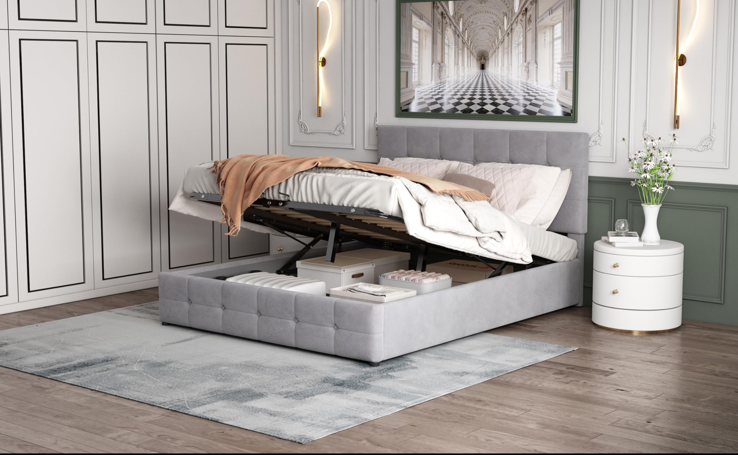 Cama hidráulica de material elevador con espacio de almacenamiento, somier de láminas de metal, funda de terciopelo, ahorra espacio para apartamentos pequeños