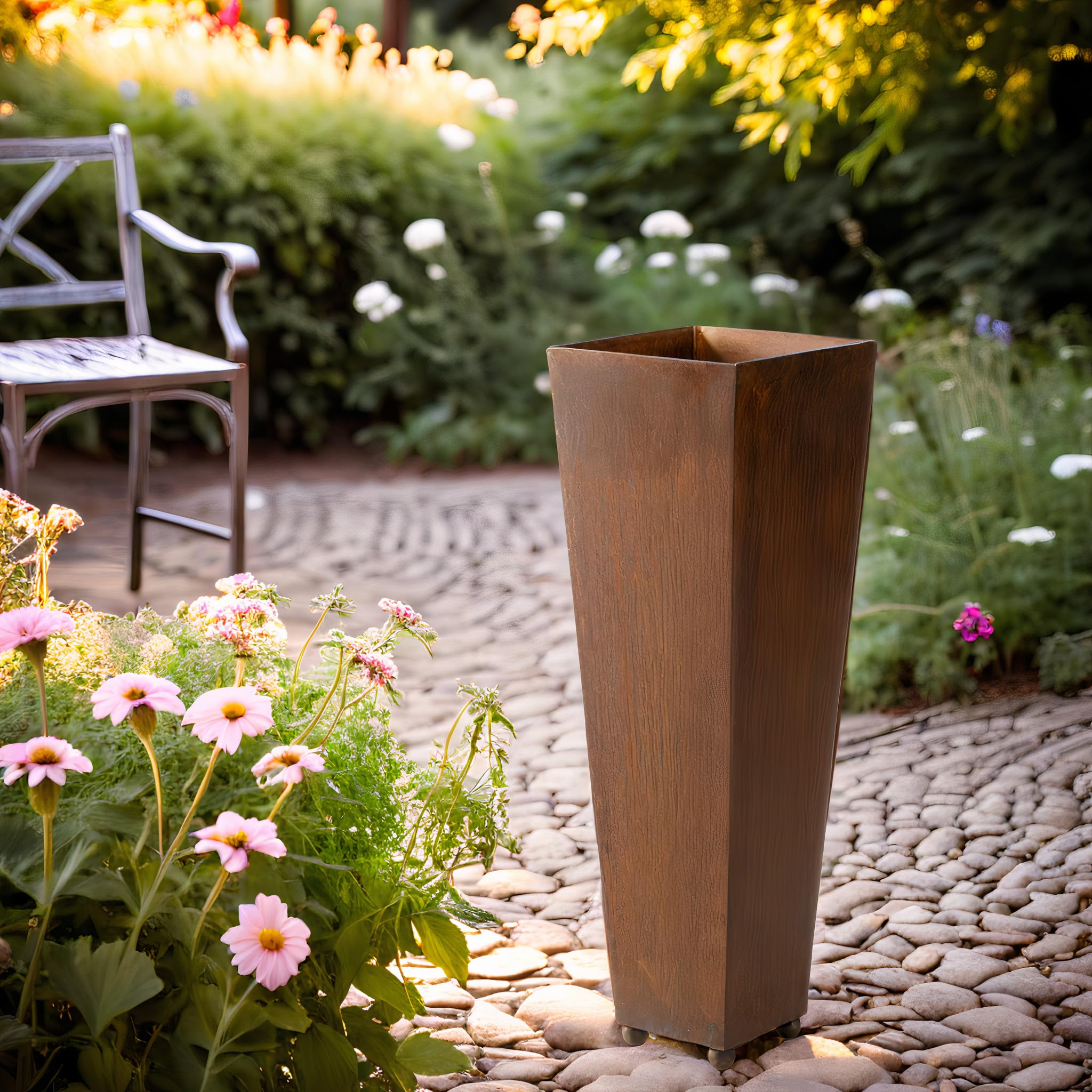 ecosoul Donica na rośliny, duża, kwadratowa, stożkowa, do sadzenia, metalowa, rdza, pojemnik, statuetka dekoracyjna, 75 cm