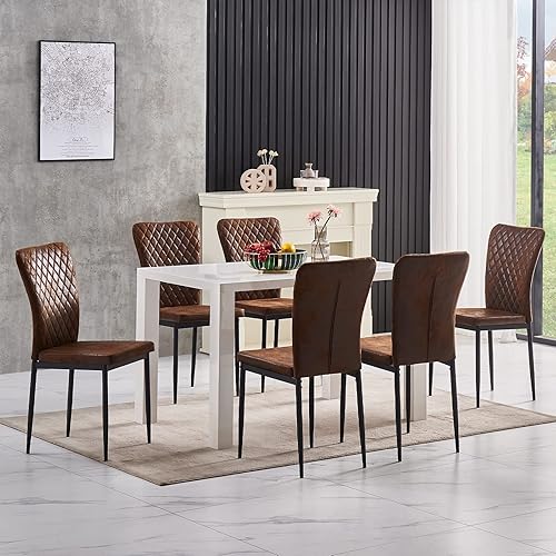 Miniatura 4 de Juego de 6 sillas de comedor de gamuza marrón, con marco de metal, respaldo alto, sin brazos, asiento acolchado tapizado ergonómico
