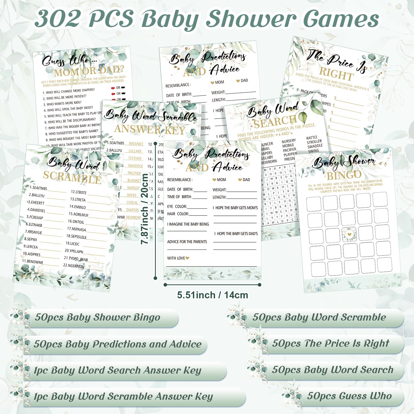 Kosiz 302 Pcs Greenery Eucalyptus Baby Shower Games 6 Games Activities for 50 Guests Include Baby Shower Bingo, Word Scramble, Word Search, Predictions and Advice, The Price is Right, Guess Who