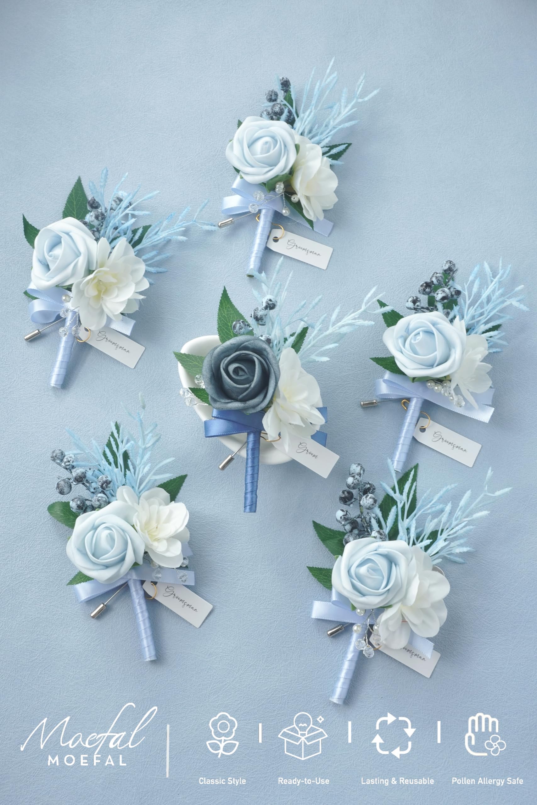 Boutonniere da uomo, set di 6 fiori artificiali per sposo e testimoni dello sposo, decorazione per matrimonio, ballo di fine anno, ritorno a casa, blu polvere