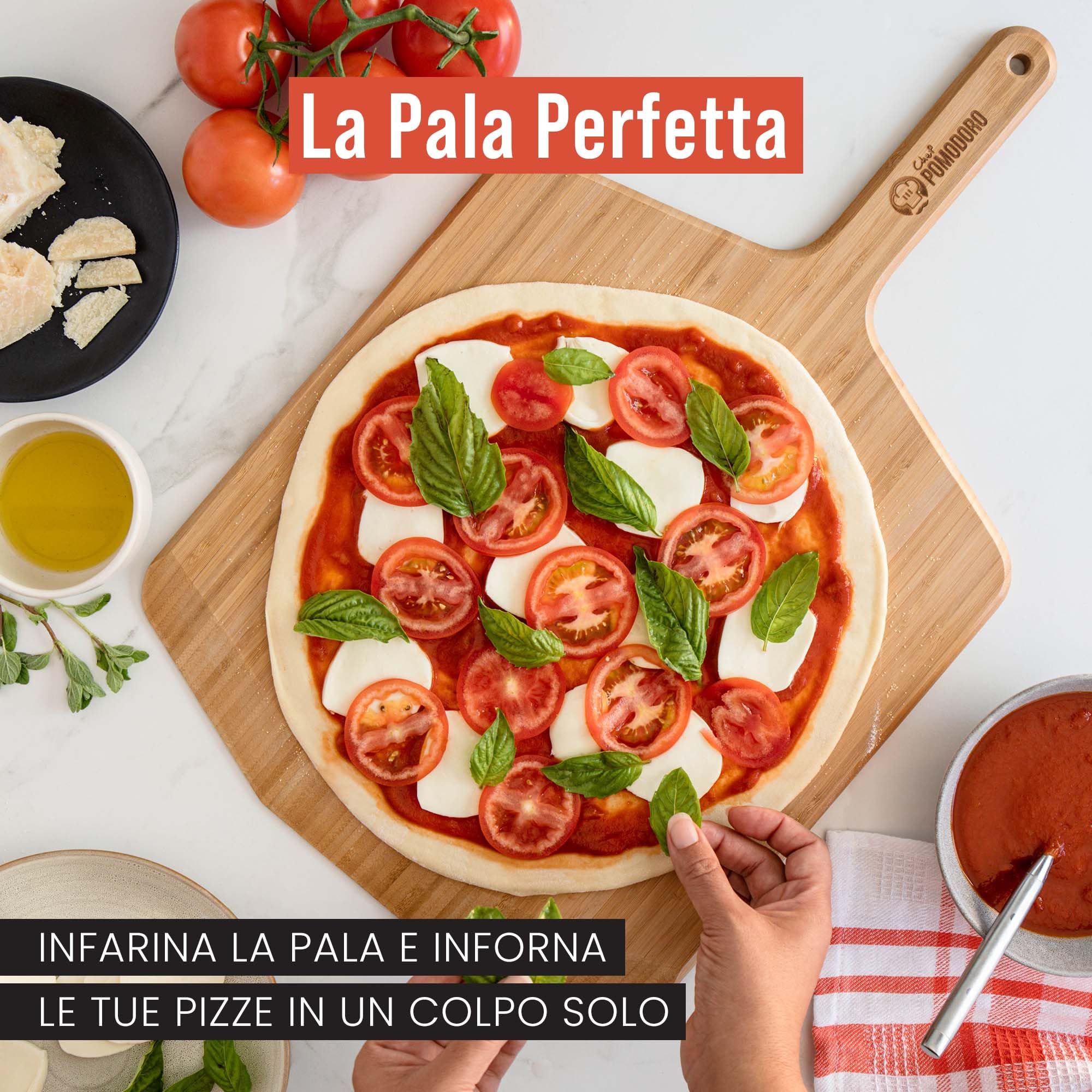 Chef Pomodoro Pala per Pizza Legno di Bambù con Manico Lungo (35,5 cm di Larghezza), Pala Legno Pizza, Pane e Dolci per Forni Domestici, Leggera e Facile da Riporre, Con Bordi Sottili