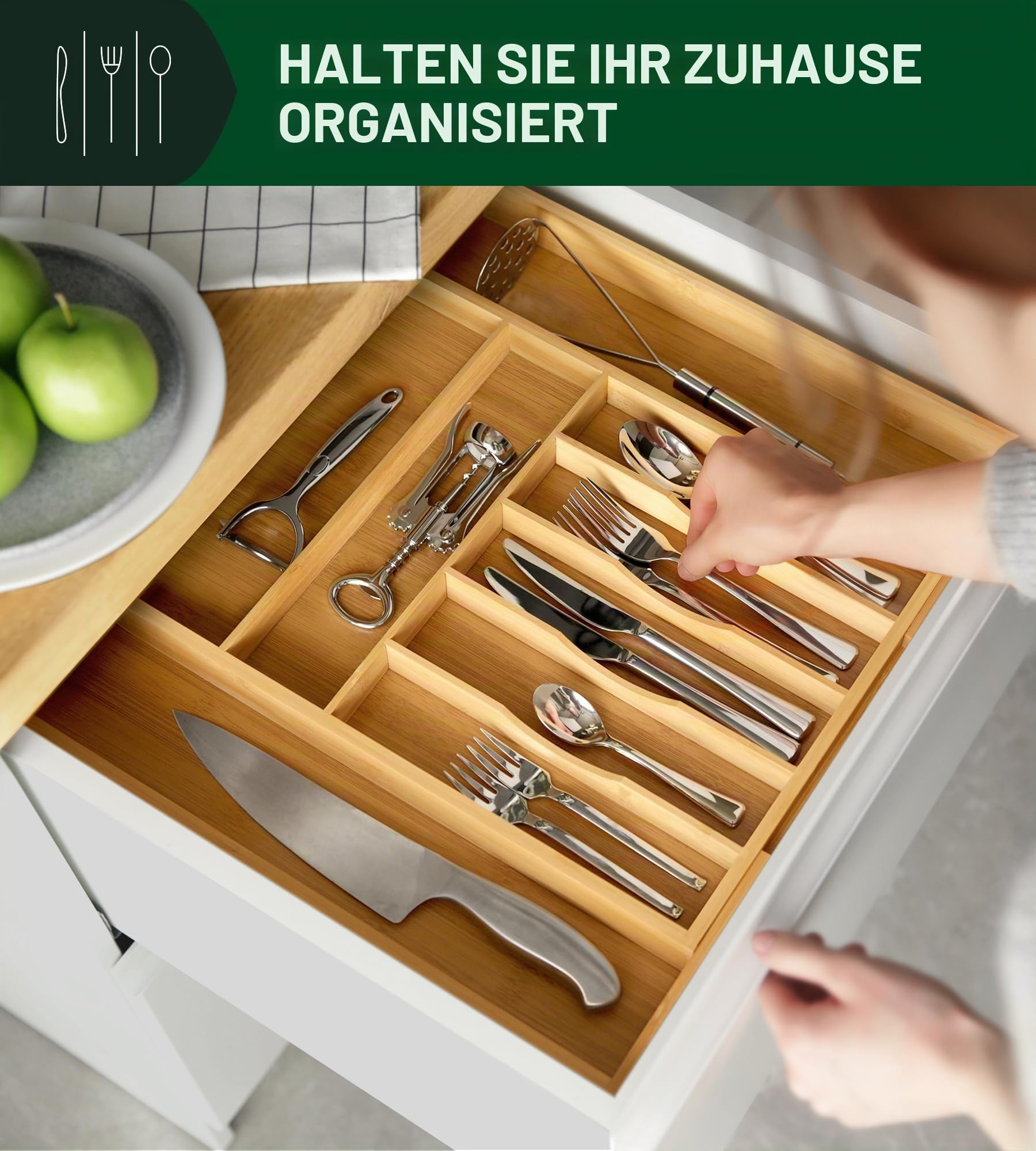Luxuriöser Bambus-Küchen-Schubladen-Organizer – Besteck-Organizer – Utensilienhalter und Besteckkasten mit gerillten Schubladenteilern für Besteck und Küchenutensilien (9 Fächer, natur)