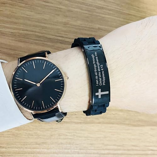 Miniatura 6 de MEALGUET Pulsera de cruz negra con cita religiosa, con texto de la Biblia cristiana, con texto en inglés "Cita religiosa", para hombres, para el