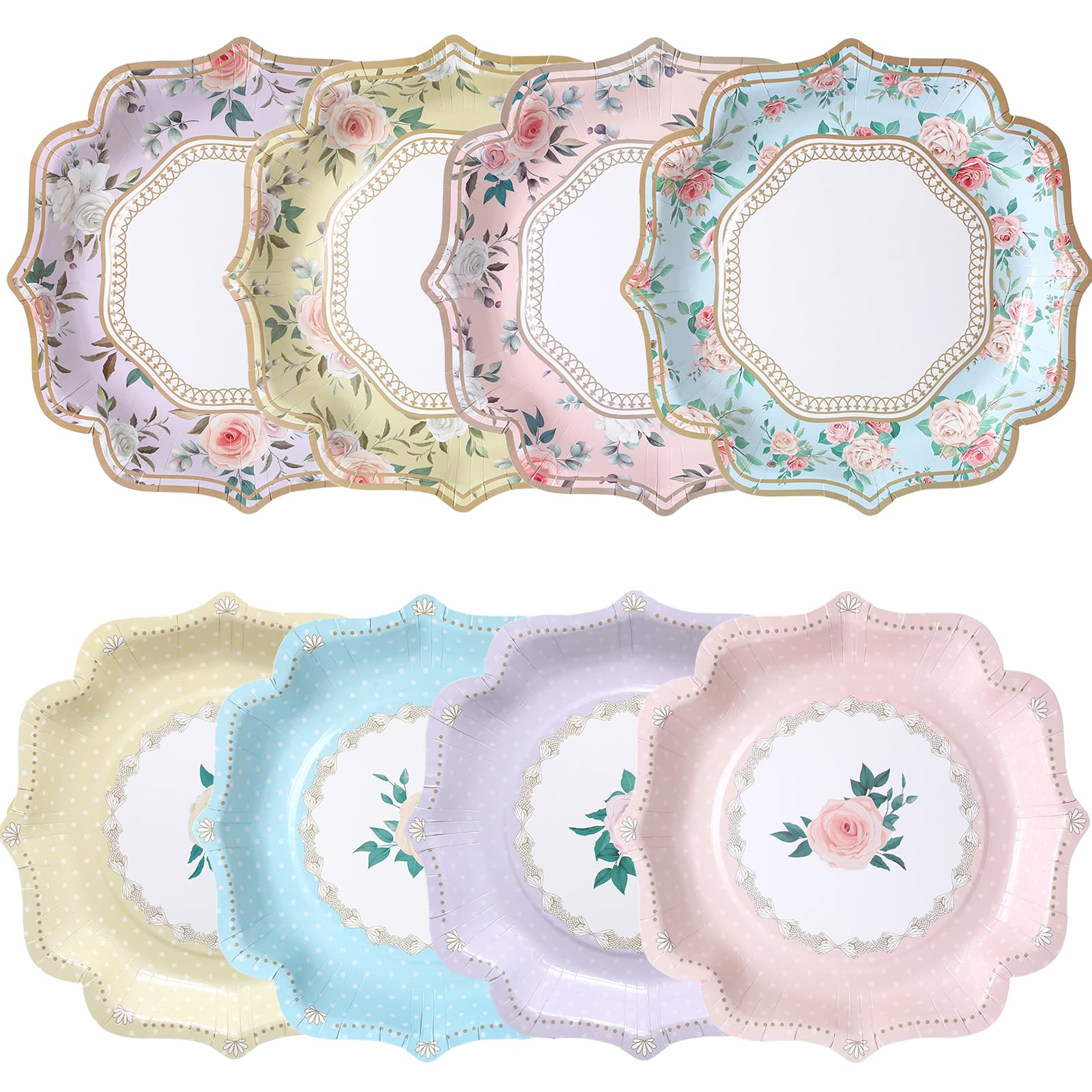 DUBEDAT 48pcs 9inch Floral Paper Plates Afternoon Tea Mothers Days Table Party Decorations for Tea Party Baby Shower Brial Shower Birthday Wedding