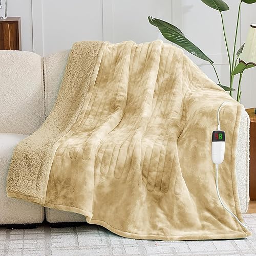greenoak Heated Electric Blanket Throw, Faux Fur Sherpa Heating Blanket for Sofa Bed, Warm Winter Gifts for Mom/Grandma, Heater Lap Blankets 5-Position Timer &10 Heating Levels 50''*60" Beige
