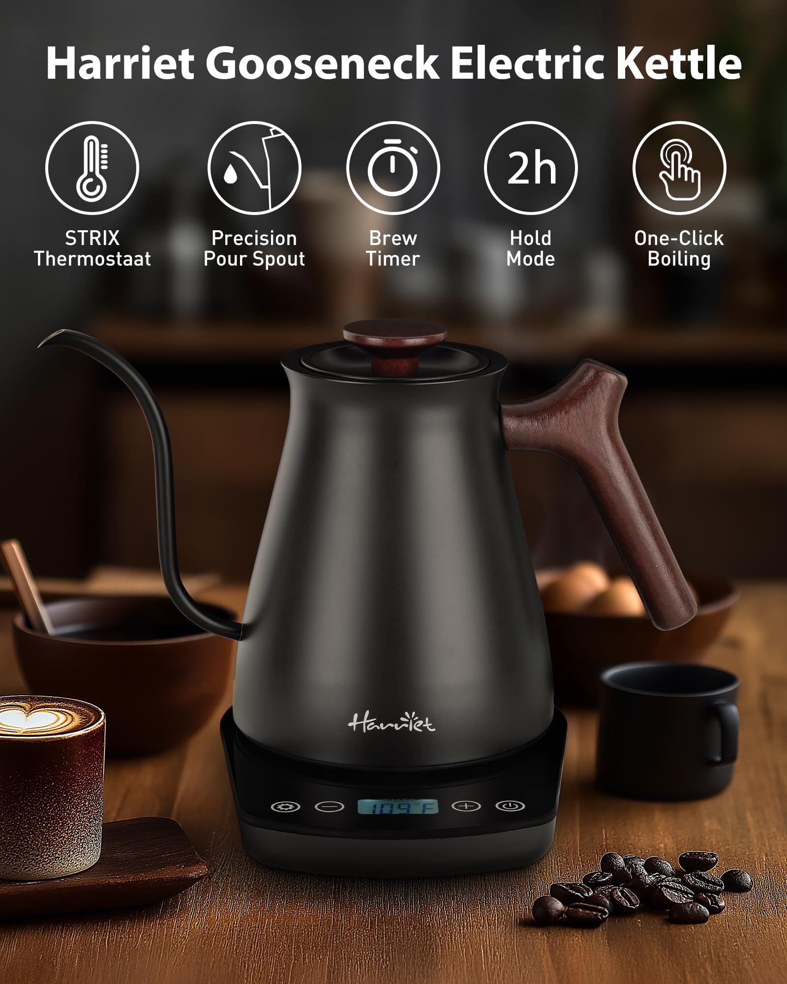 Harriet Gooseneck Electric Kettle, 0.8L, 1°F Control, Brew Timer | 120-Min Keep Warm, 104–203°F Control, Built-In Brew Timer, SUS304 Stainless Steel, Wood-Accent Handle for Pour-Over Coffee