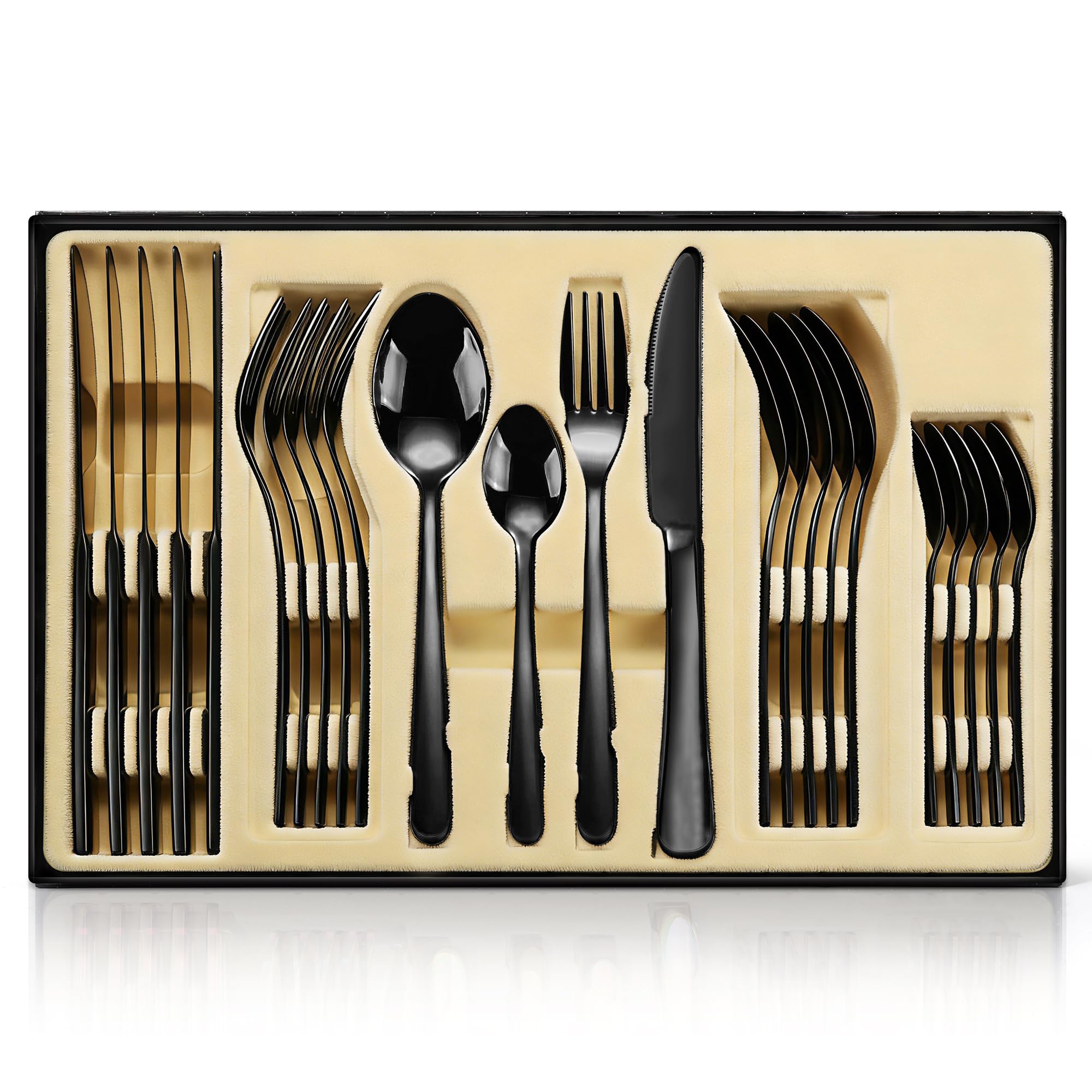 Juego de cubiertos negros, 24 piezas de acero inoxidable pulido espejo, juego de utensilios de cocina para 6 personas, vajilla para el hogar y el restaurante con caja de regalo