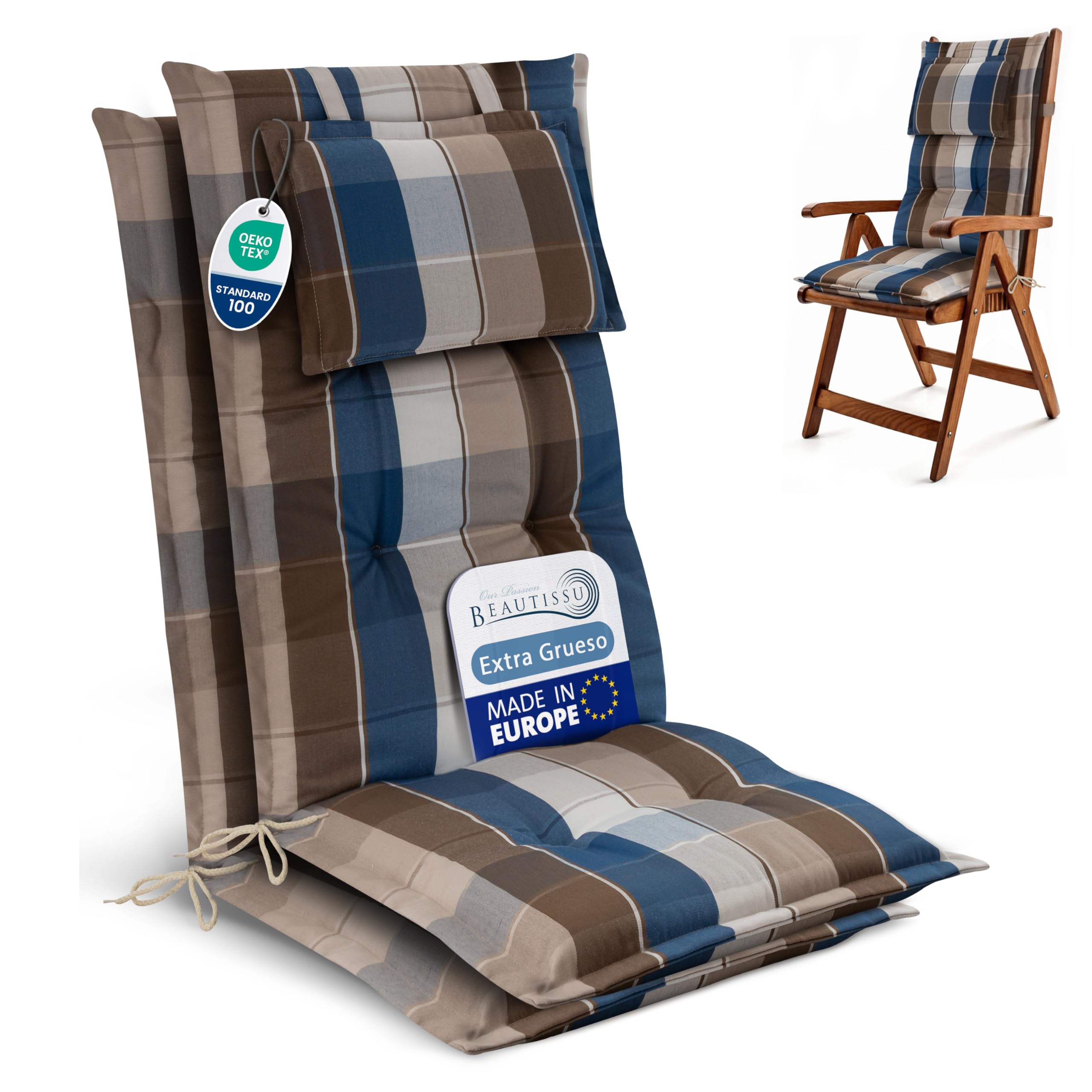 Beautissu Set de 2 Cojines para Sillas de Balcón con Respaldo Alto 120x50cm – Almohadillas de 7cm para Exterior, Tumbonas y Terrazas – HighLux HL – Marrón-Azul a Cuadros – Hecho en la UE